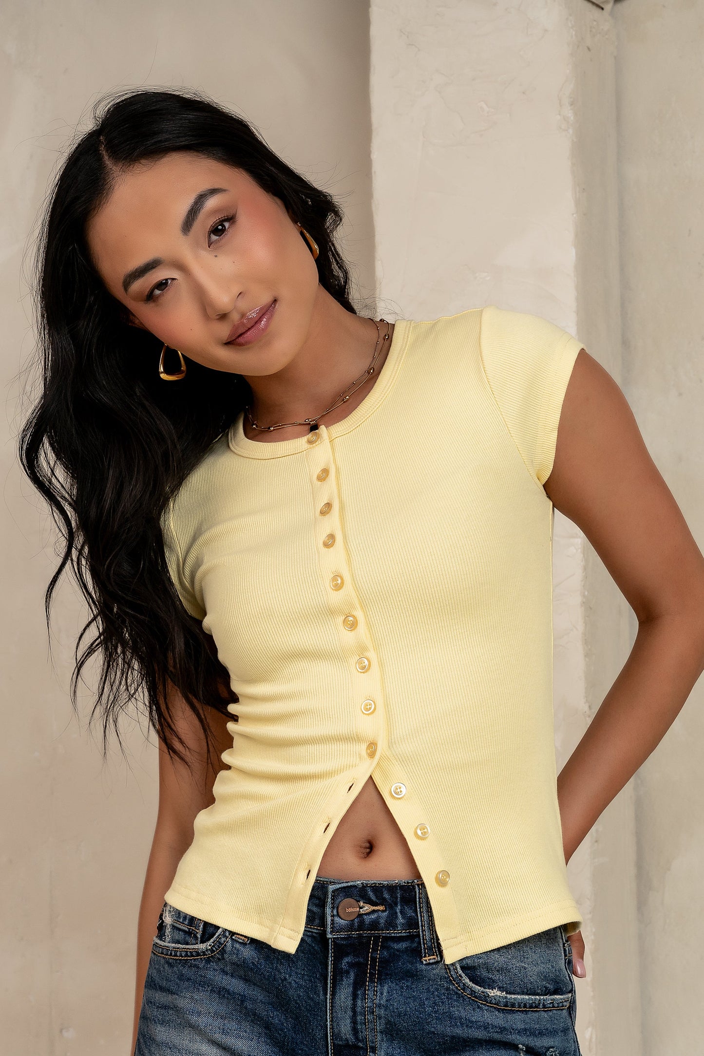Vestia Button Up Tee in Yellow