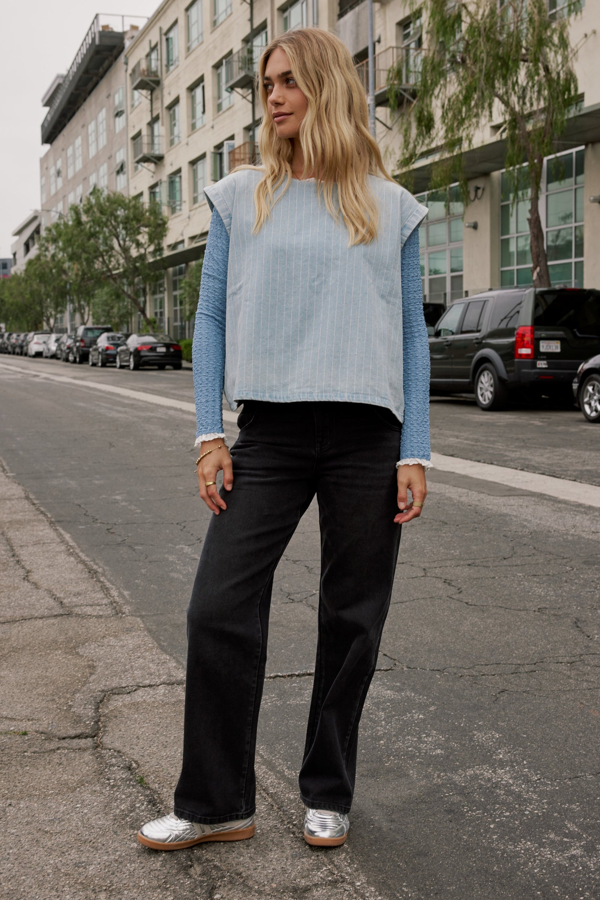 Sierra Lace Trim Blouse in Light Blue - FINAL SALE