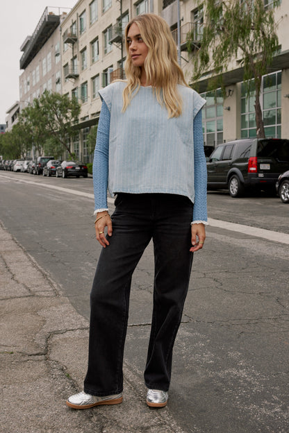 Sierra Lace Trim Blouse in Light Blue - FINAL SALE