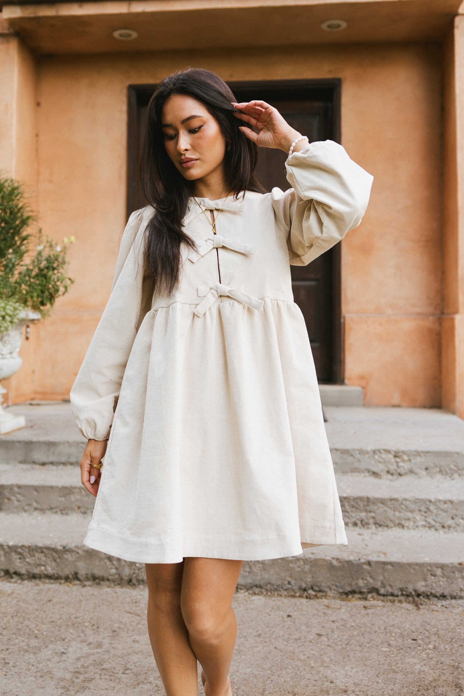 Tyler Peplum Mini Dress in Ivory Corduroy - FINAL SALE