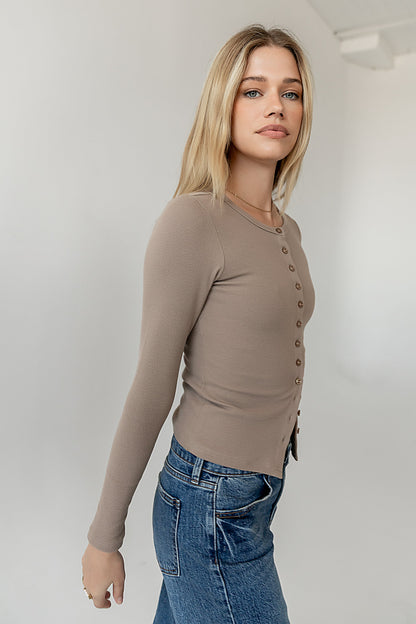 Mia Button Up Top in Taupe - FINAL SALE