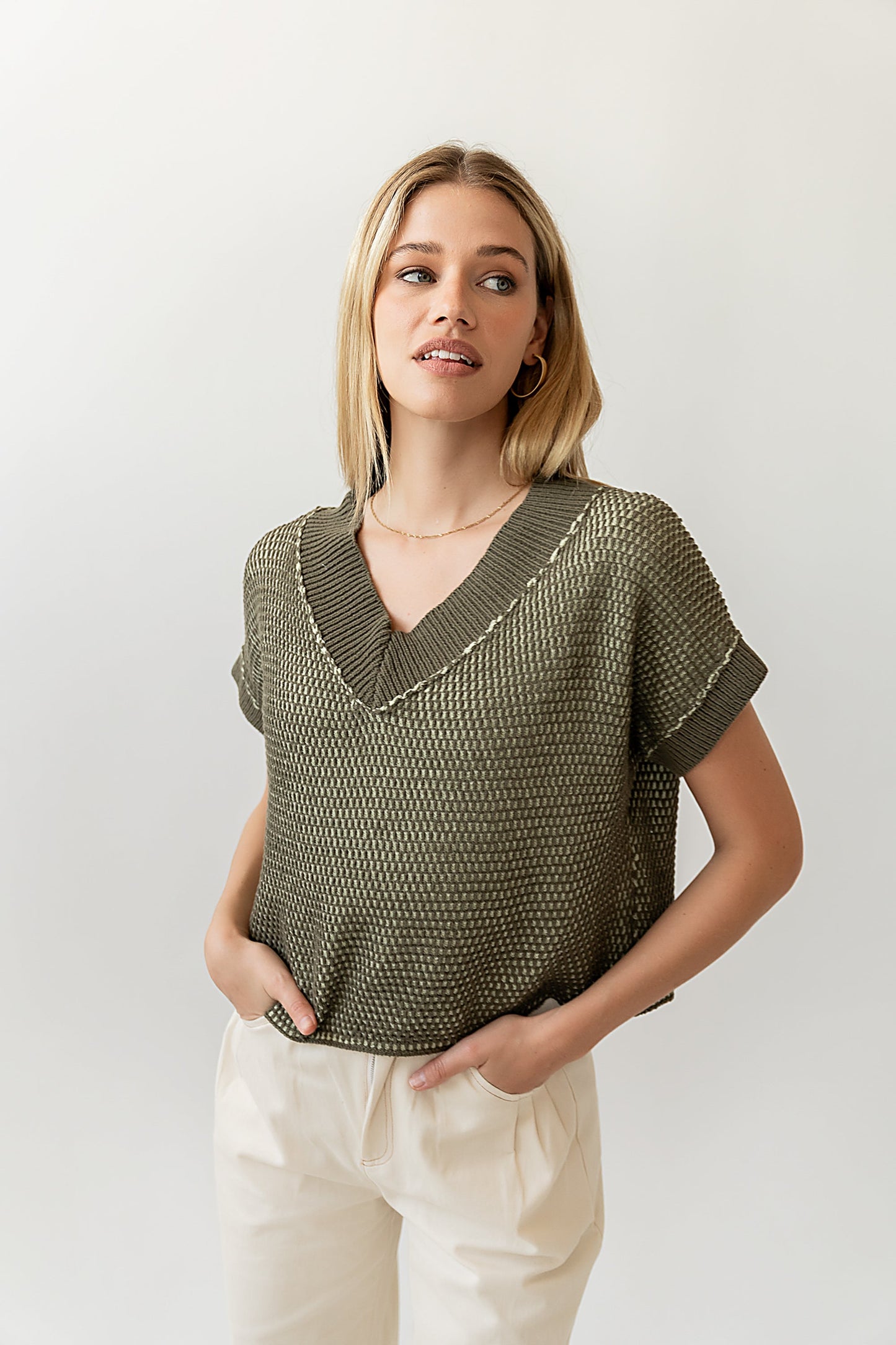 Saige Contrast Sweater in Olive - FINAL SALE