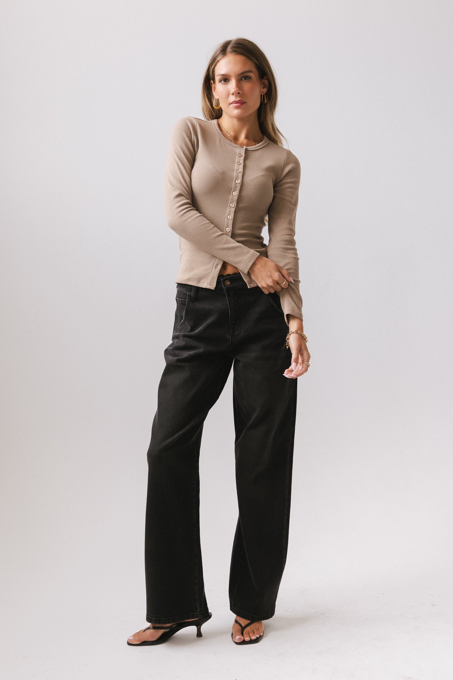 Mia Button Up Top in Taupe - FINAL SALE