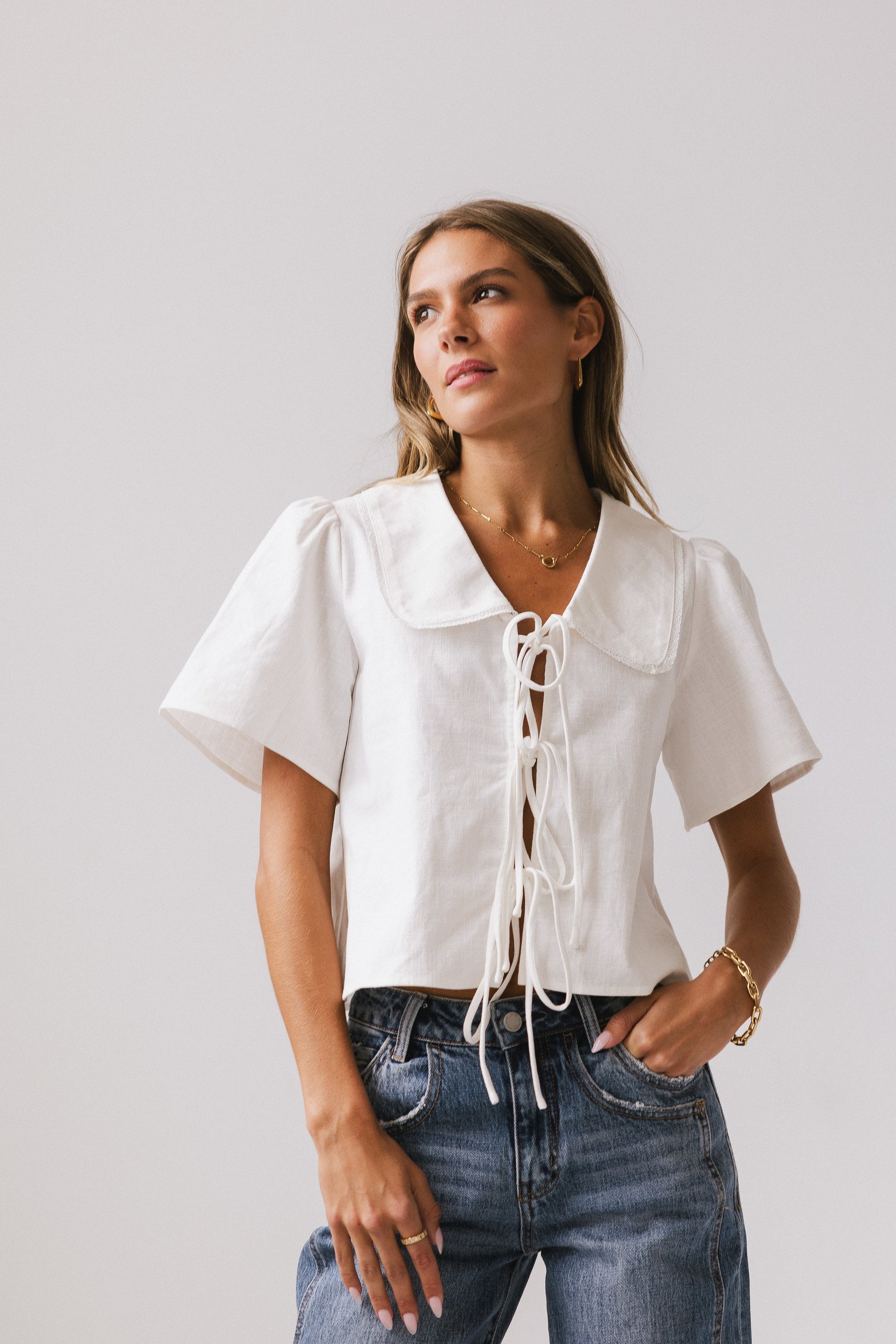 Ethan Tie Front Blouse in White - FINAL SALE