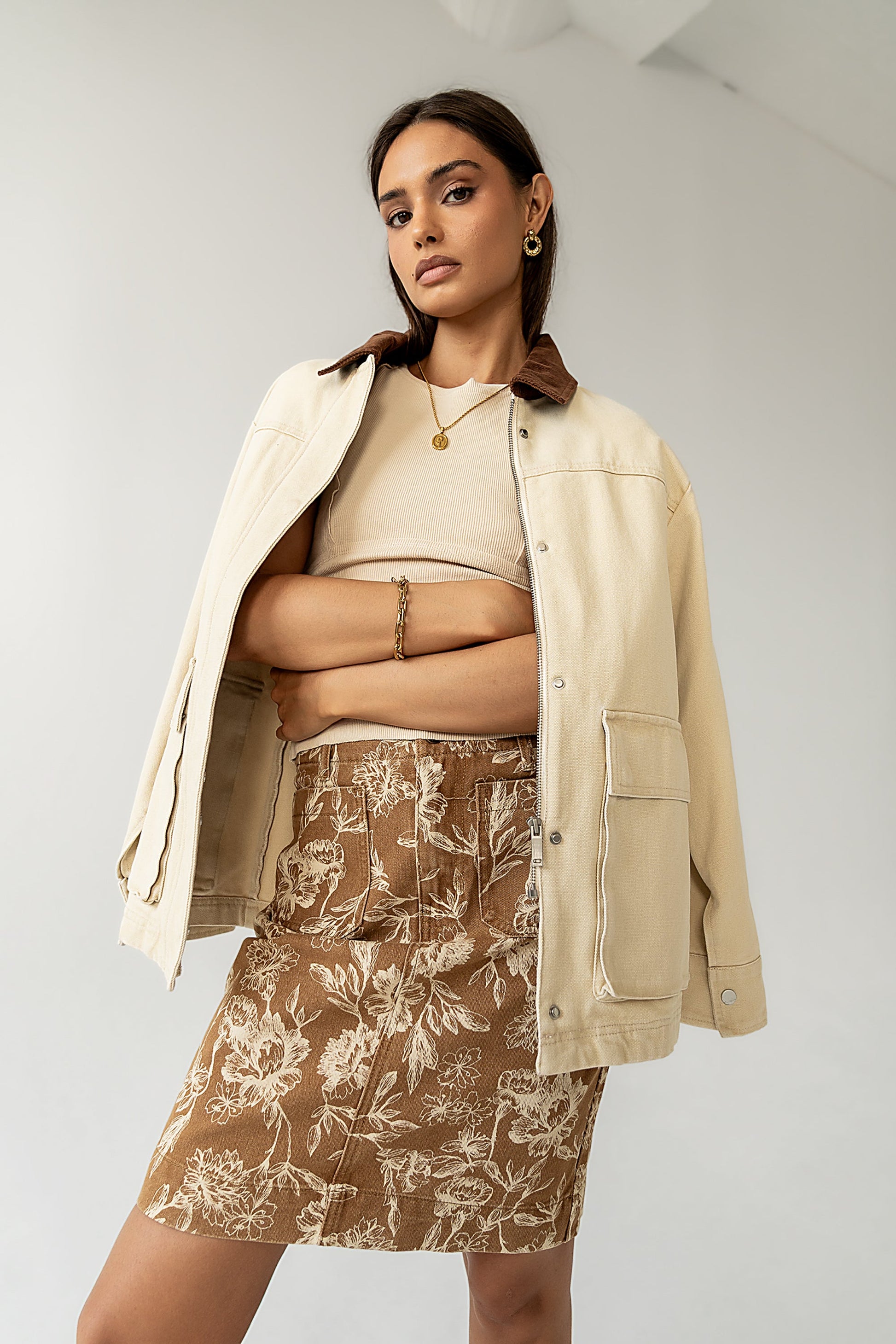 Juno Floral Mini Skirt in Camel