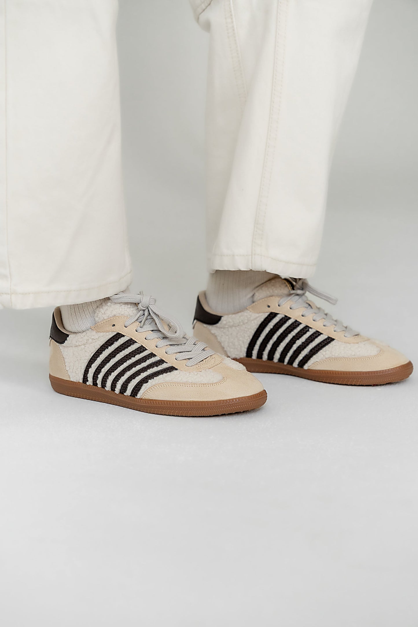 Stevie Striped Sneaker in Beige Shearling
