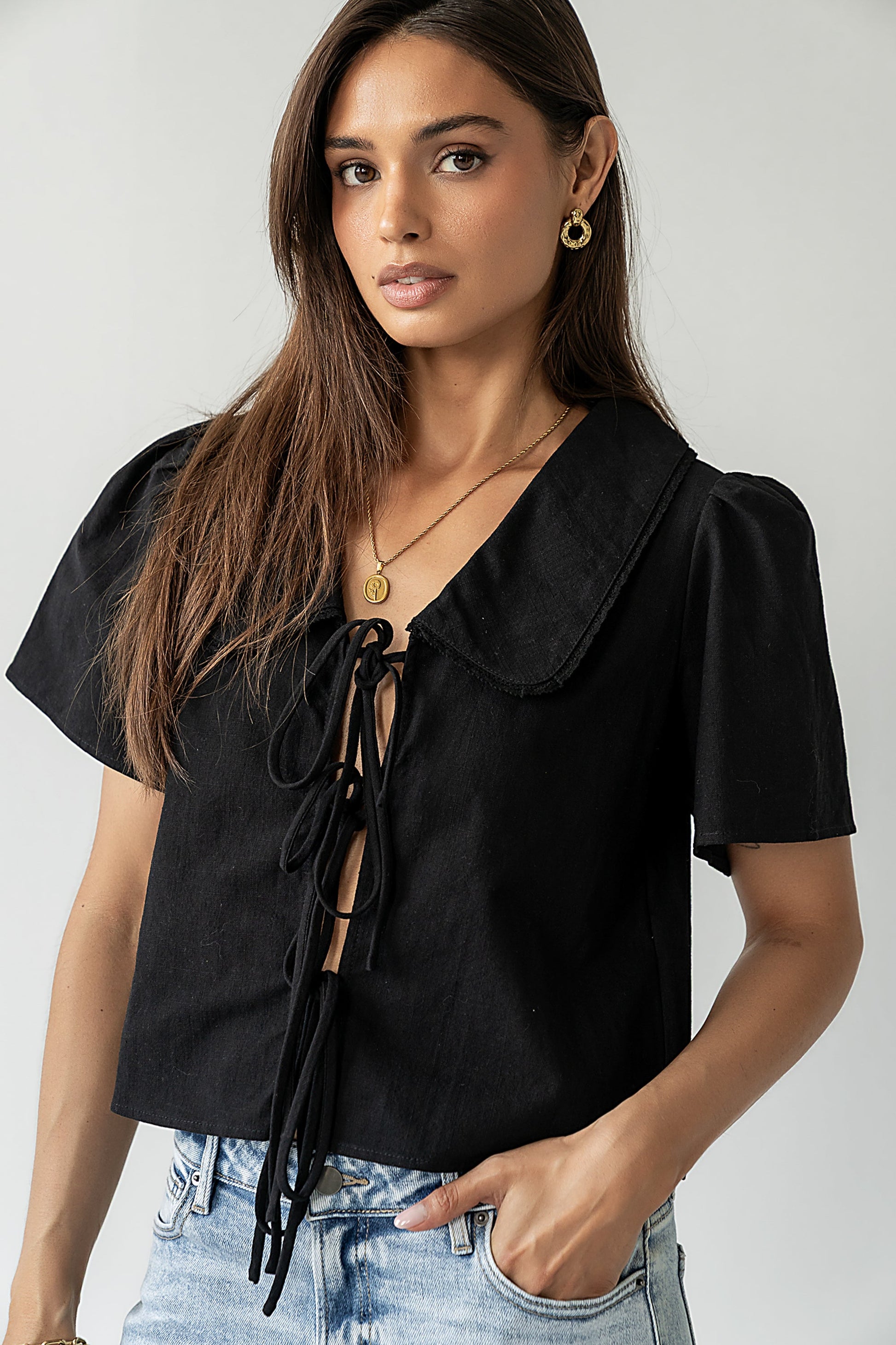 Ethan Tie Front Blouse in Black - FINAL SALE