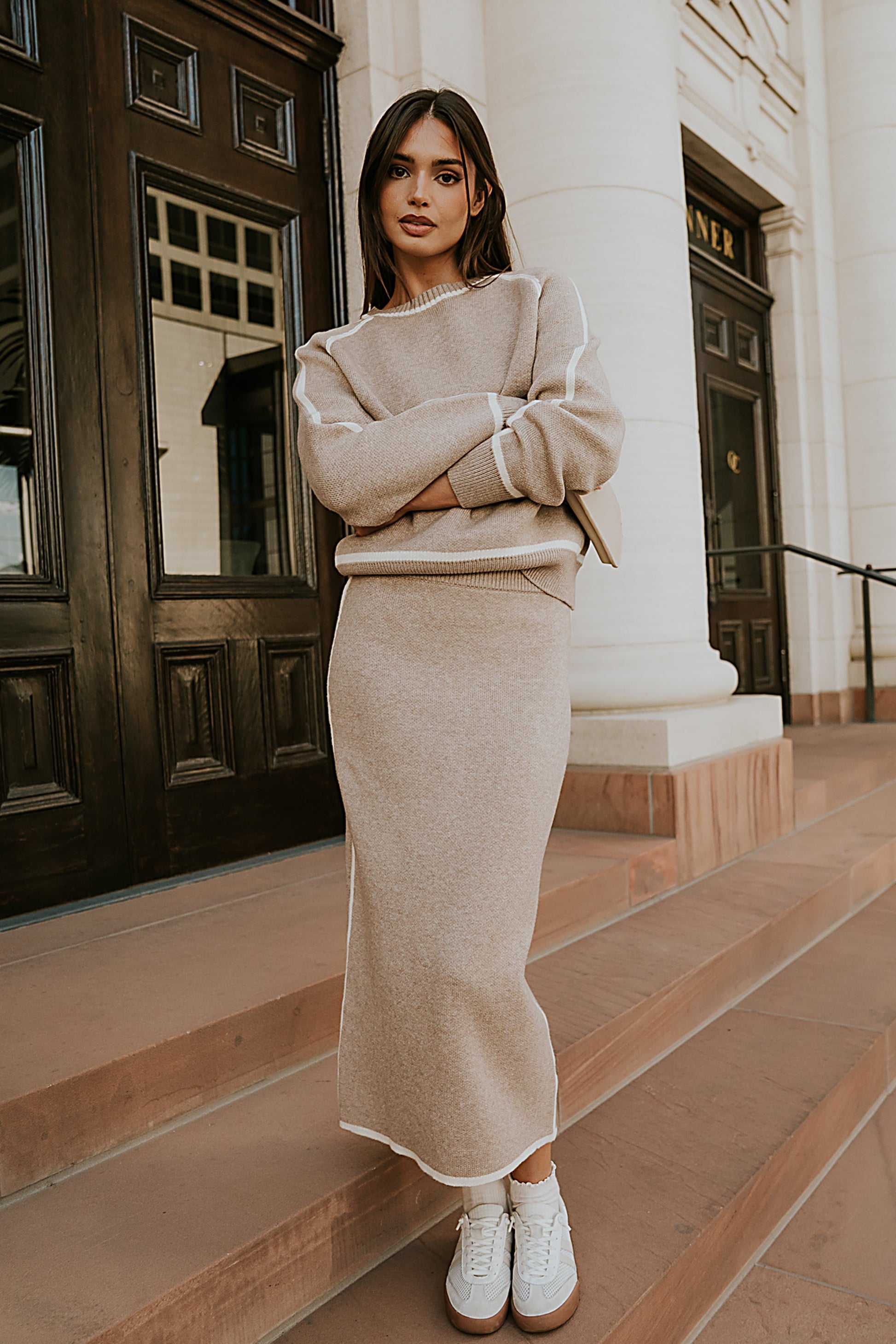 Kenna Contrast Midi Skirt in Oatmeal - FINAL SALE
