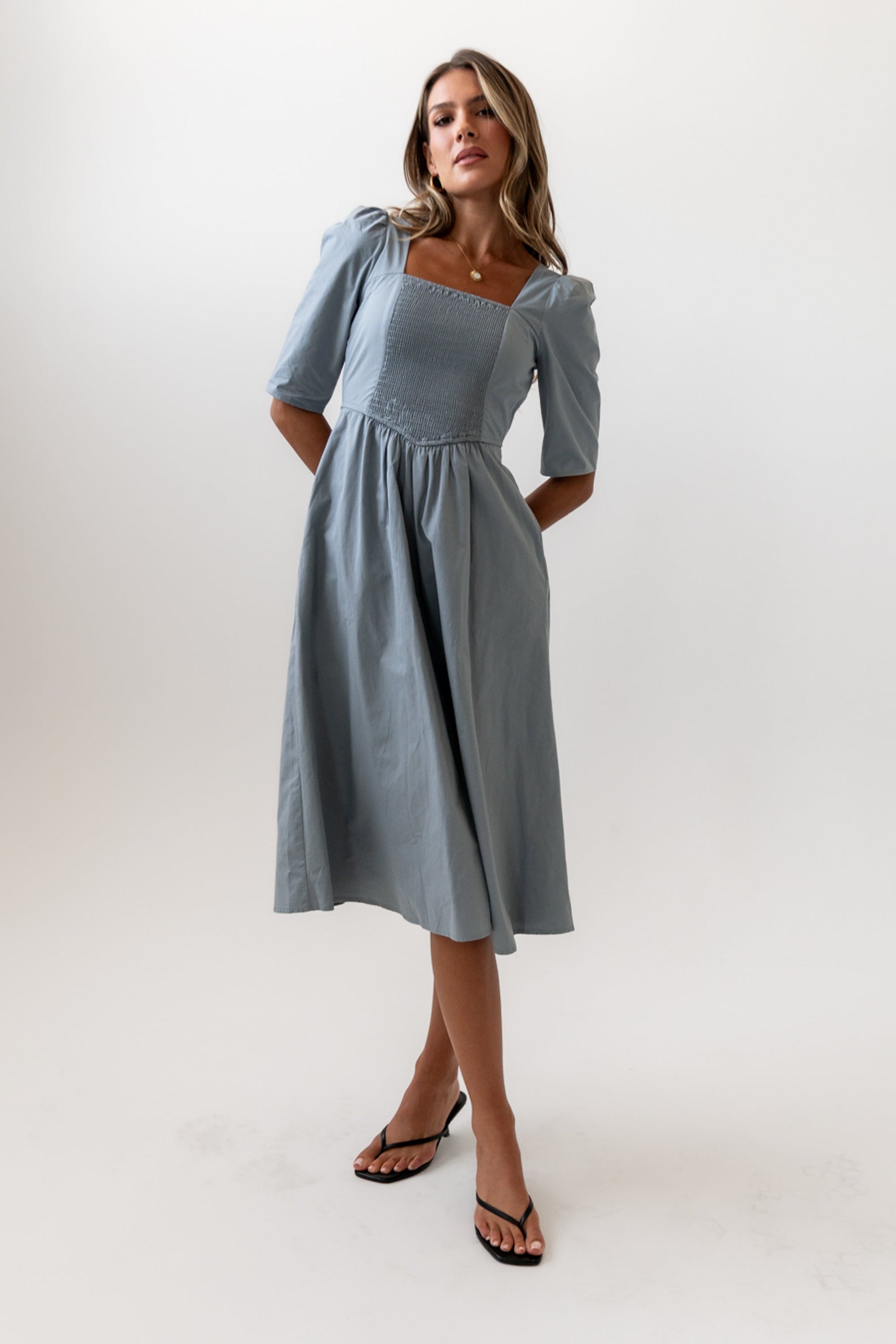 Paisley Smocked Midi Dress in Slate Blue - FINAL SALE