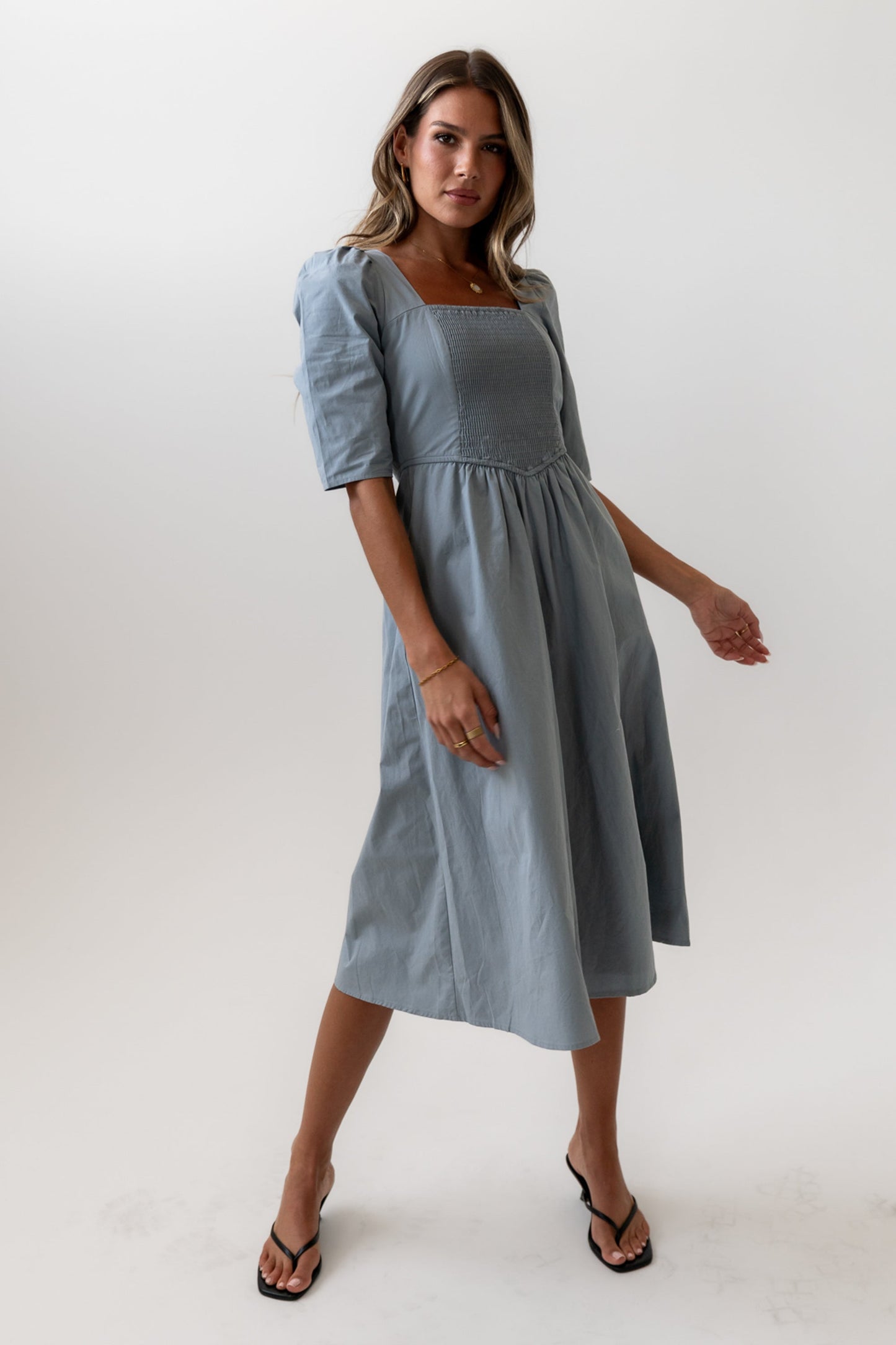 Paisley Smocked Midi Dress in Slate Blue - FINAL SALE