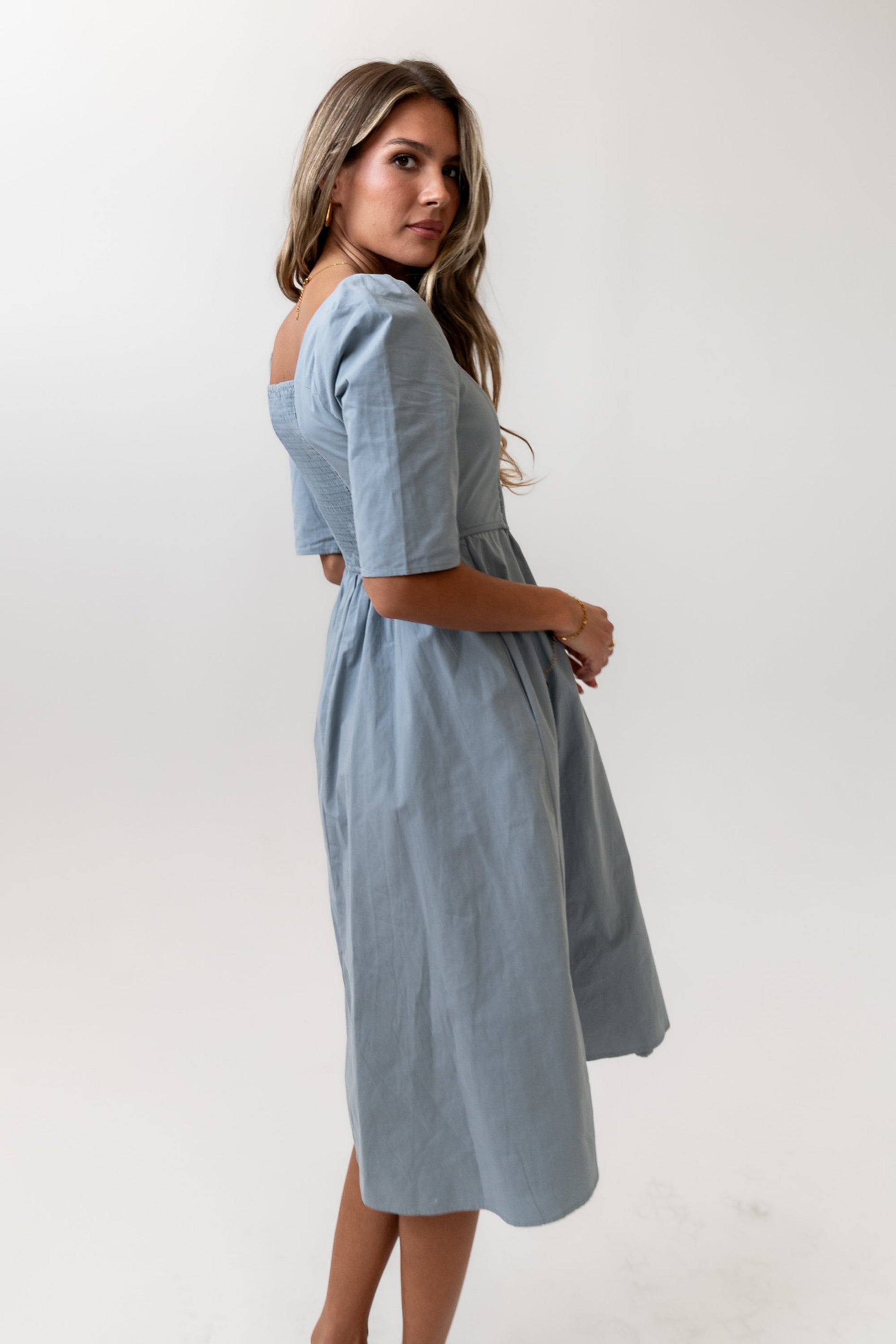 Paisley Smocked Midi Dress in Slate Blue - FINAL SALE