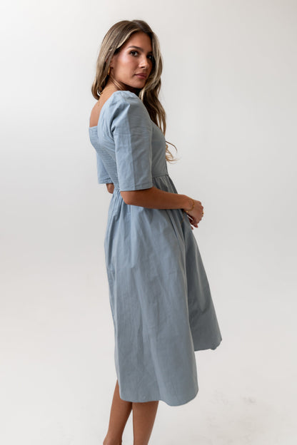 Paisley Smocked Midi Dress in Slate Blue - FINAL SALE
