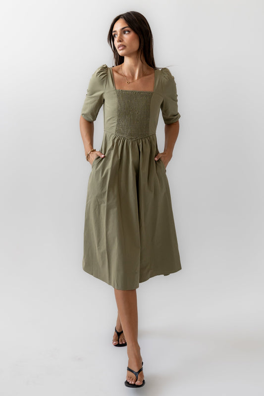Paisley Smocked Midi Dress in Sage - FINAL SALE