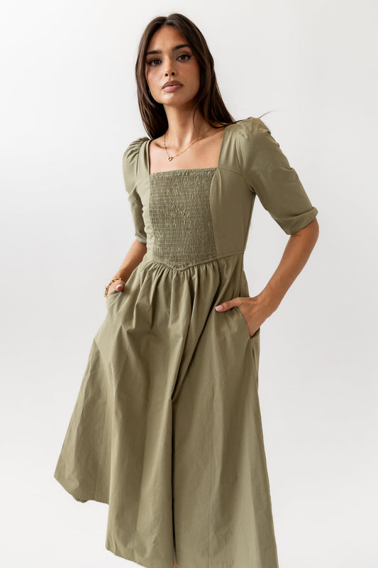 Paisley Smocked Midi Dress in Sage - FINAL SALE