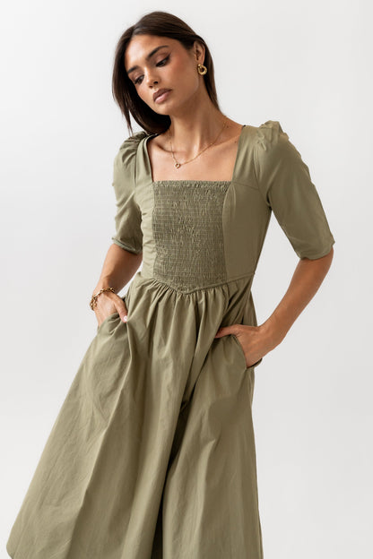 Paisley Smocked Midi Dress in Sage - FINAL SALE