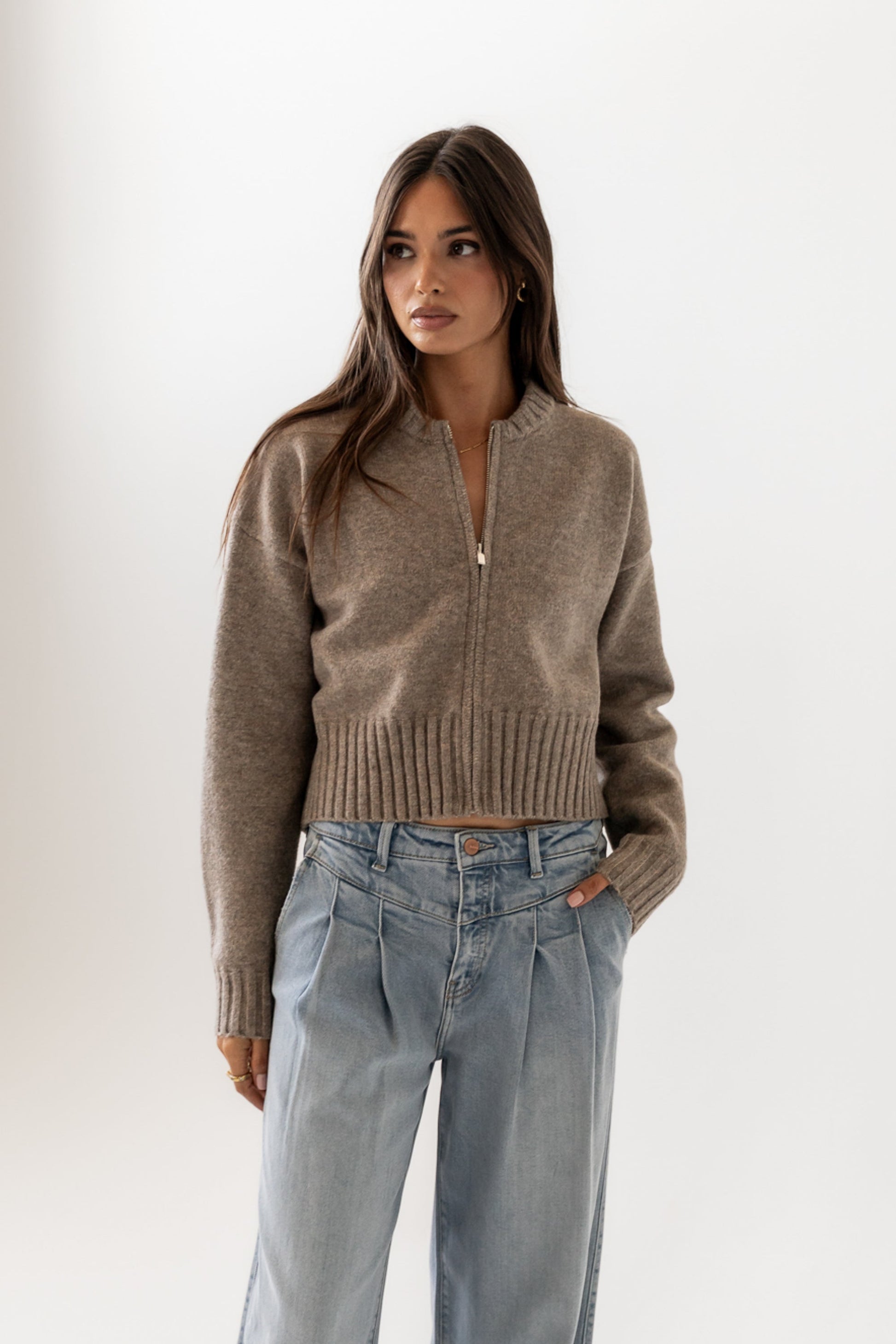 Kelly Knit Bomber Jacket in Taupe - FINAL SALE