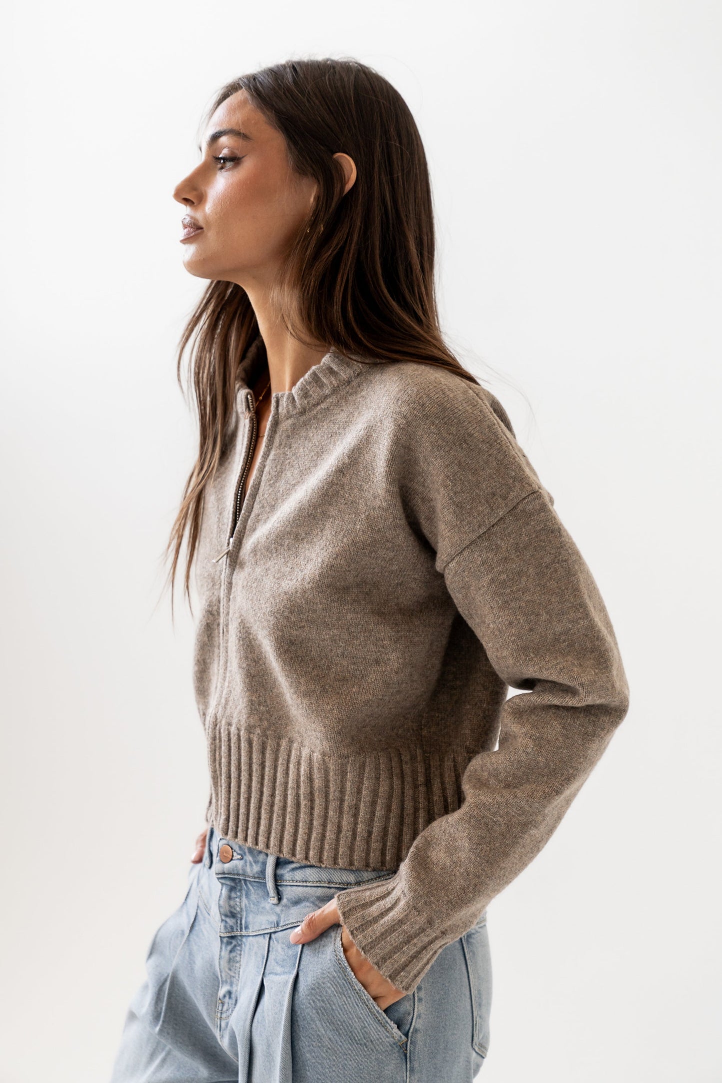 Kelly Knit Bomber Jacket in Taupe - FINAL SALE