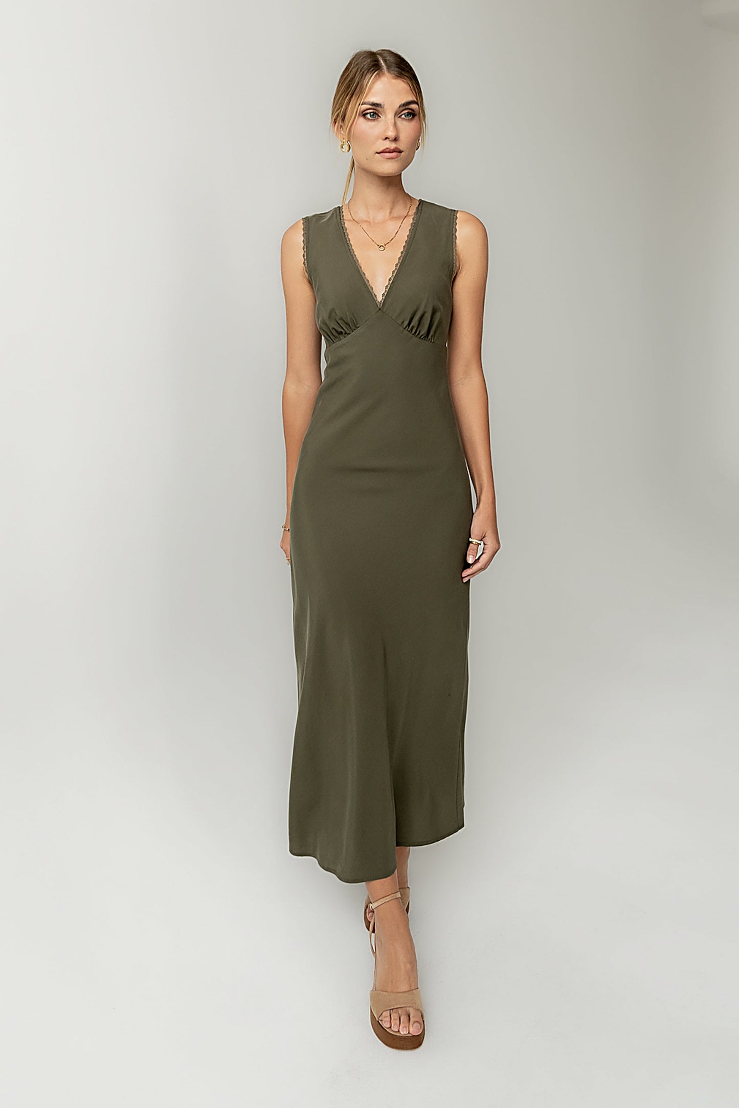 Hailey Lace Trim Maxi Dress in Olive - FINAL SALE
