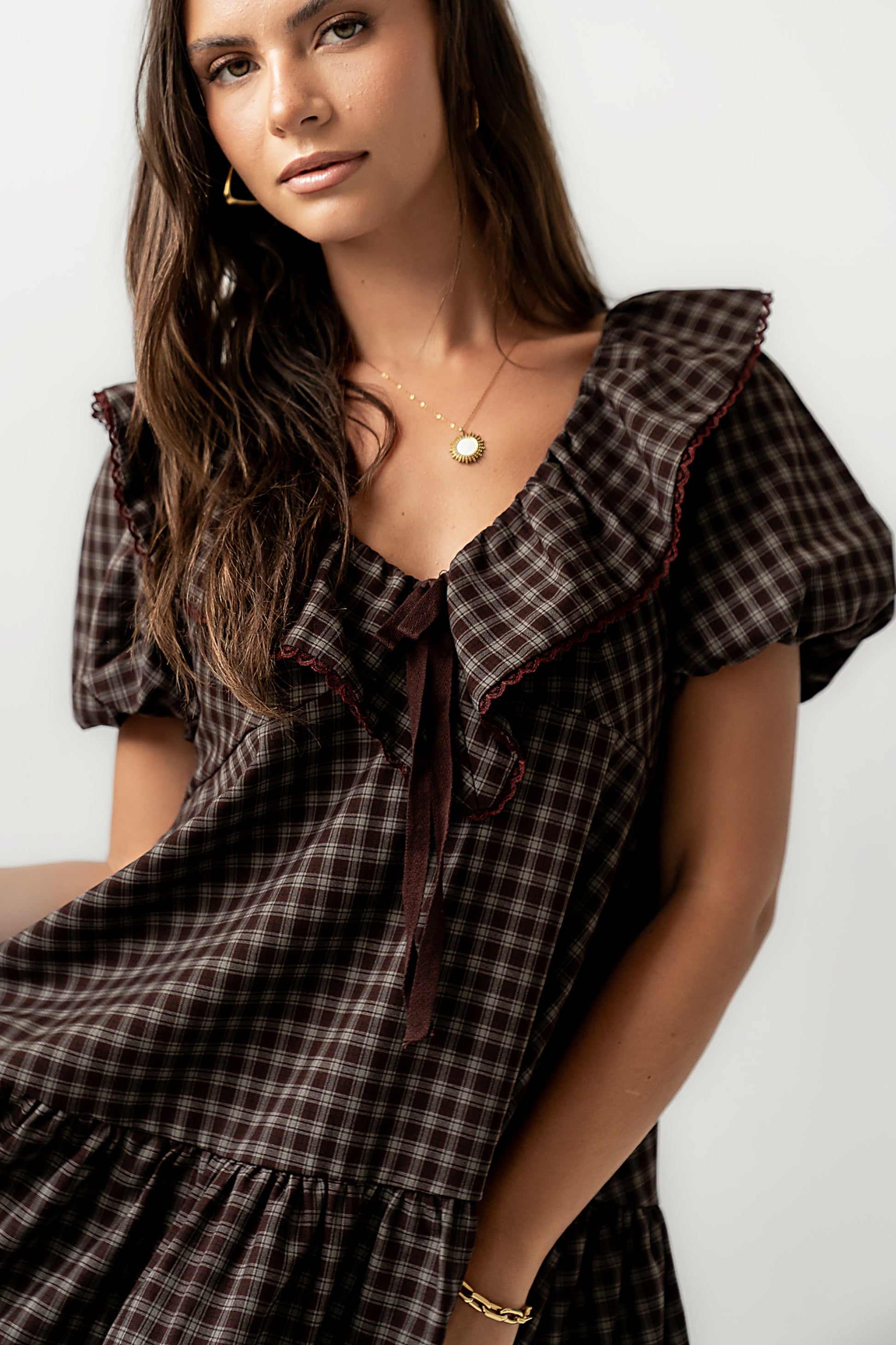 Tony Gingham Baby Doll Dress in Brown - FINAL SALE