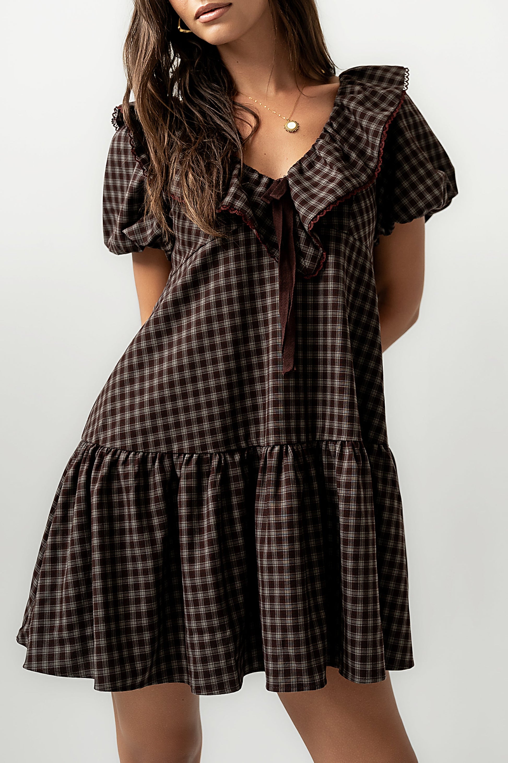 Tony Gingham Baby Doll Dress in Brown - FINAL SALE