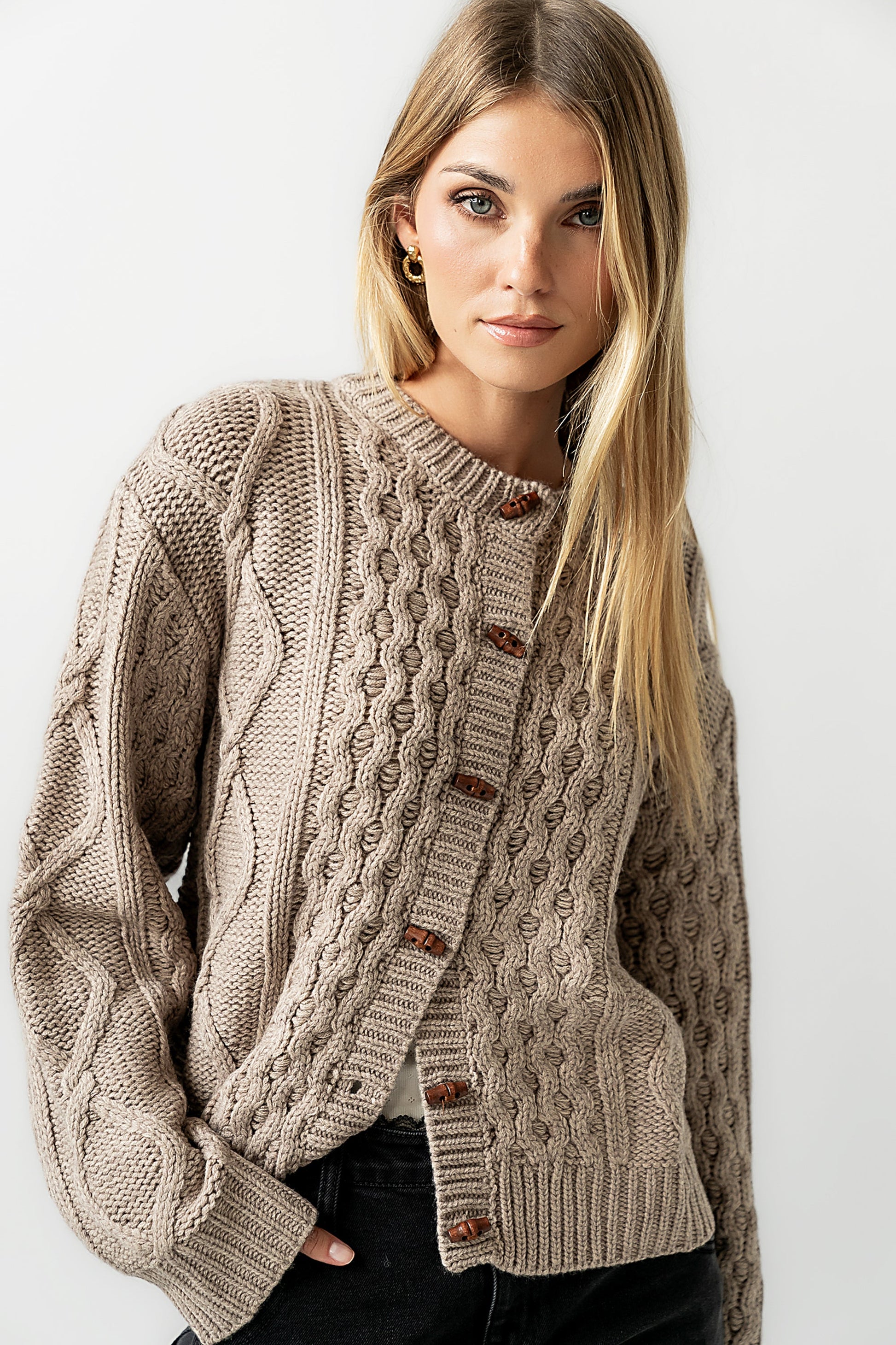 Noah Cable Knit Cardigan in Taupe - FINAL SALE