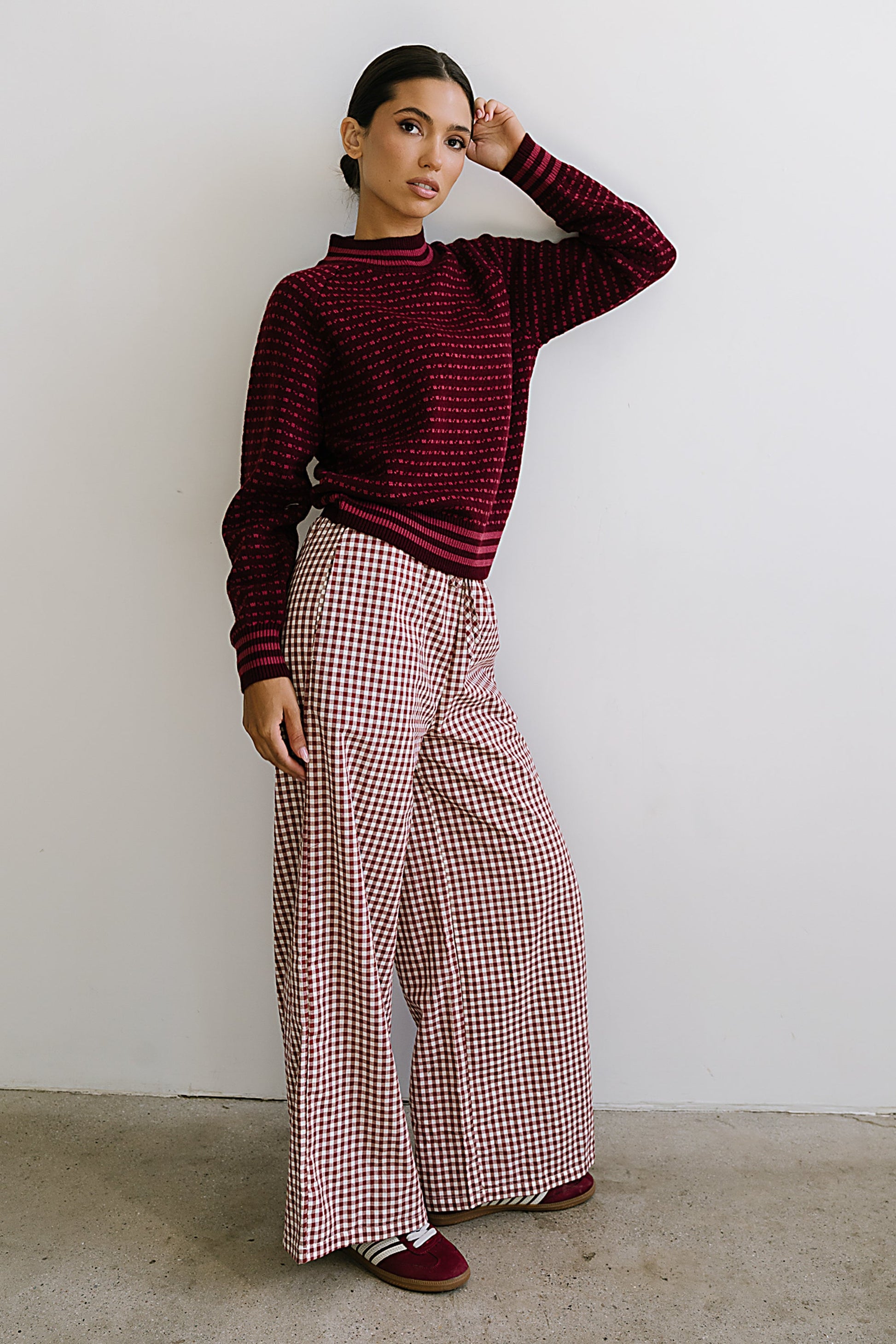 Ada Gingham Wide Leg Pants in Burgundy - FINAL SALE