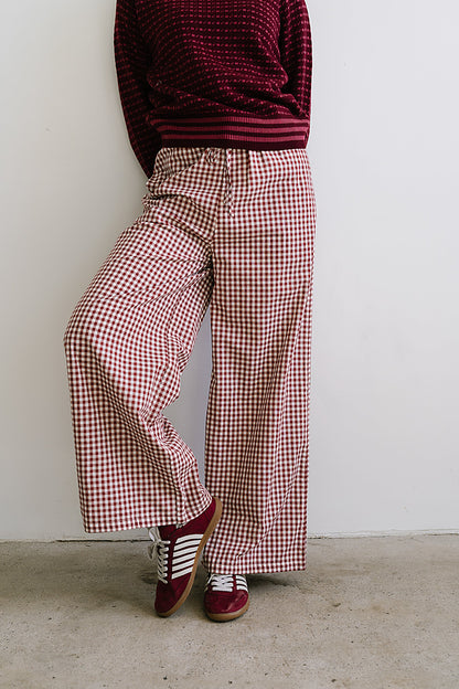 Ada Gingham Wide Leg Pants in Burgundy - FINAL SALE