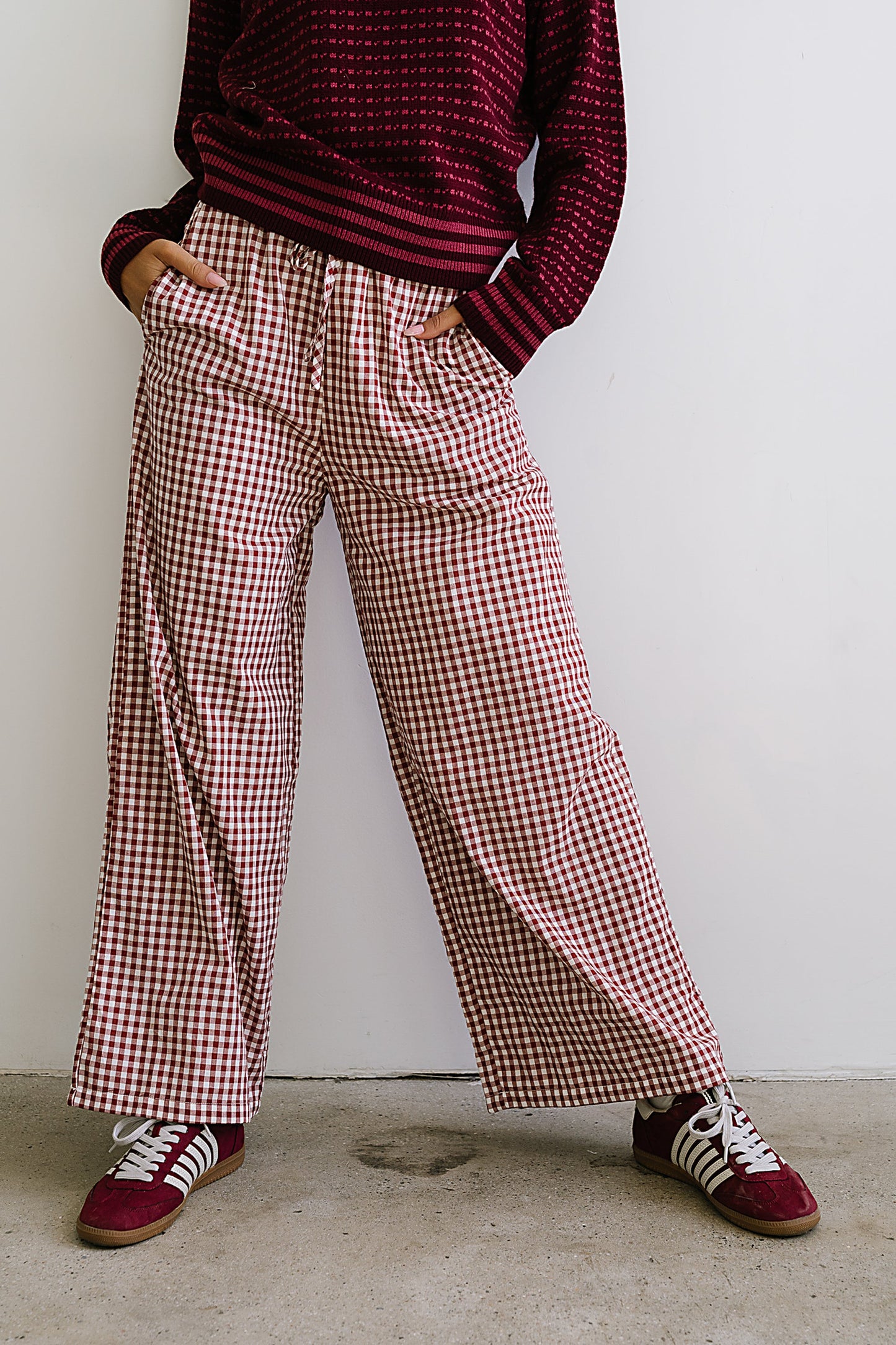 Ada Gingham Wide Leg Pants in Burgundy - FINAL SALE