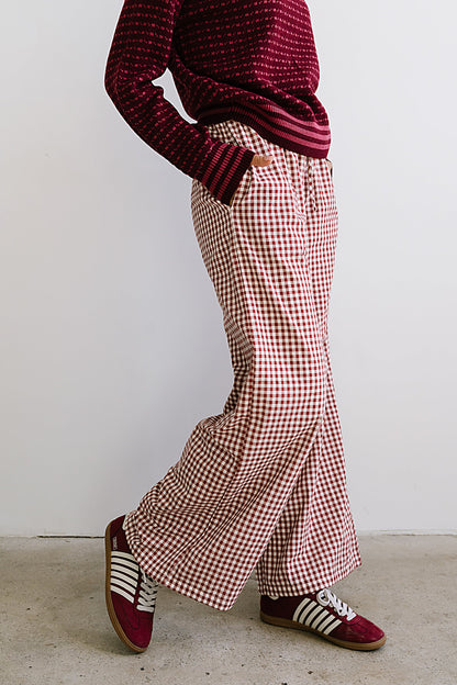Ada Gingham Wide Leg Pants in Burgundy - FINAL SALE