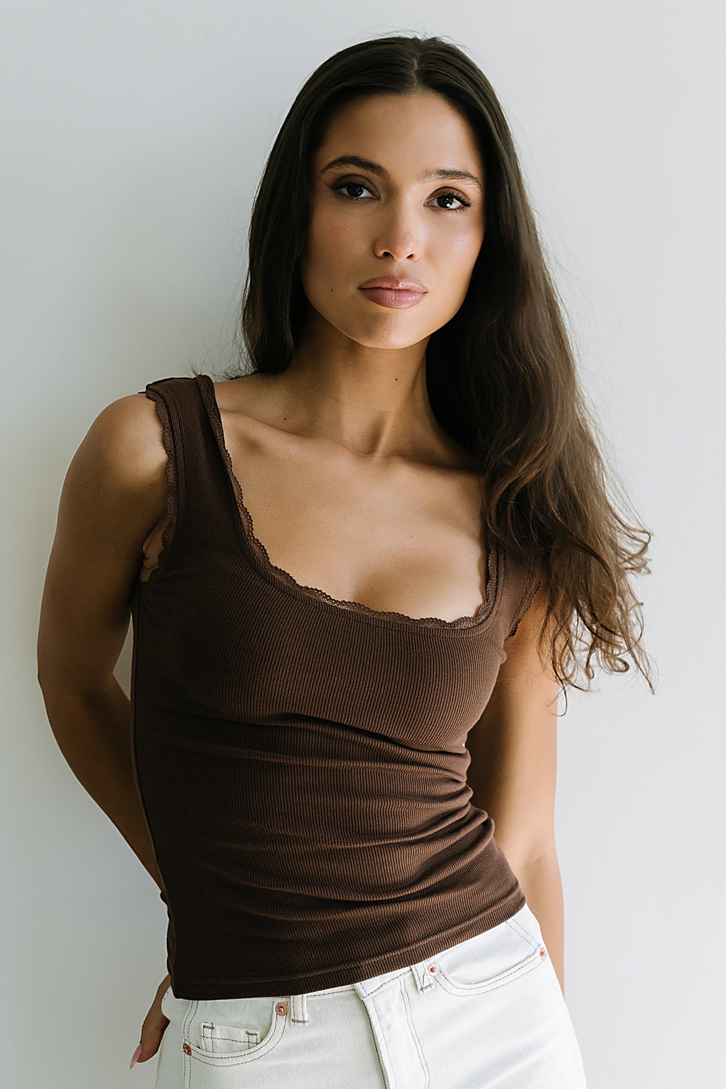 Sawyer Lace Trim Tank Top in Brown