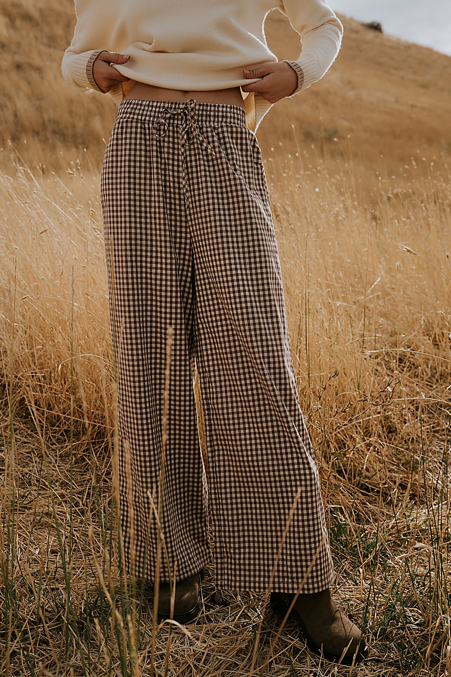 Ada Gingham Wide Leg Pants in Brown - FINAL SALE
