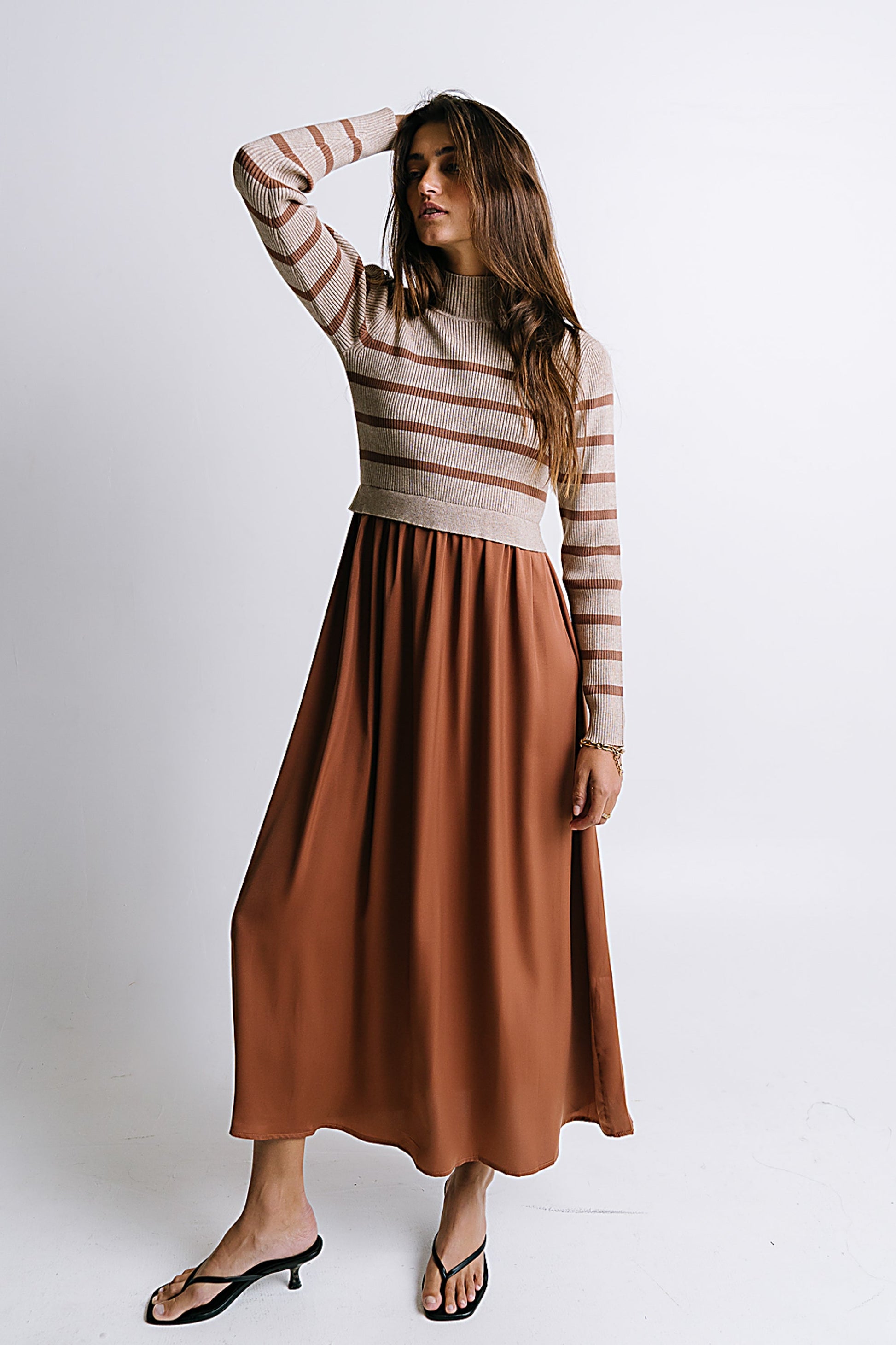 Zeda Midi Dress in Brown Stripe - FINAL SALE