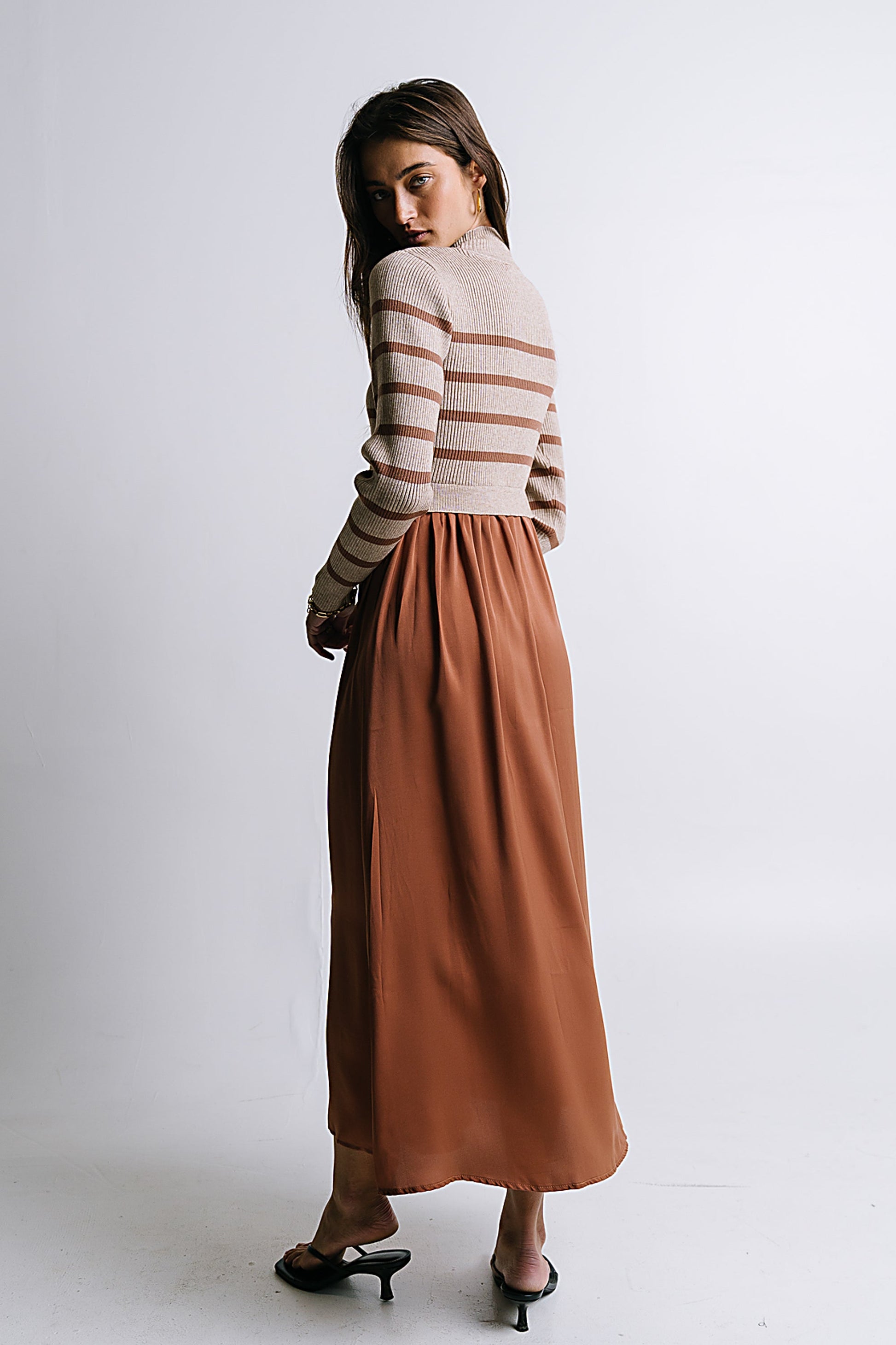 Zeda Midi Dress in Brown Stripe - FINAL SALE