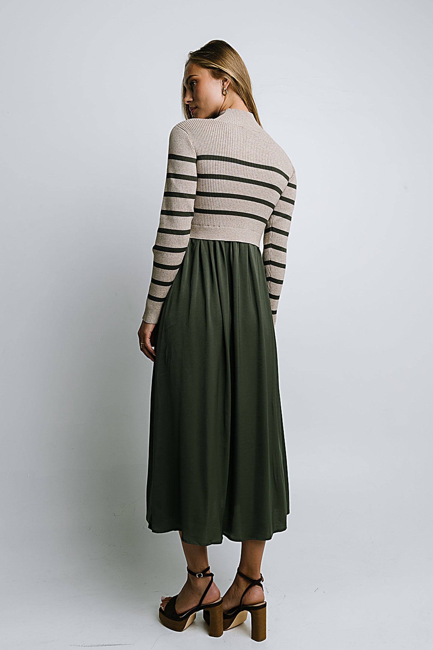 Zeda Midi Dress in Olive Stripe
