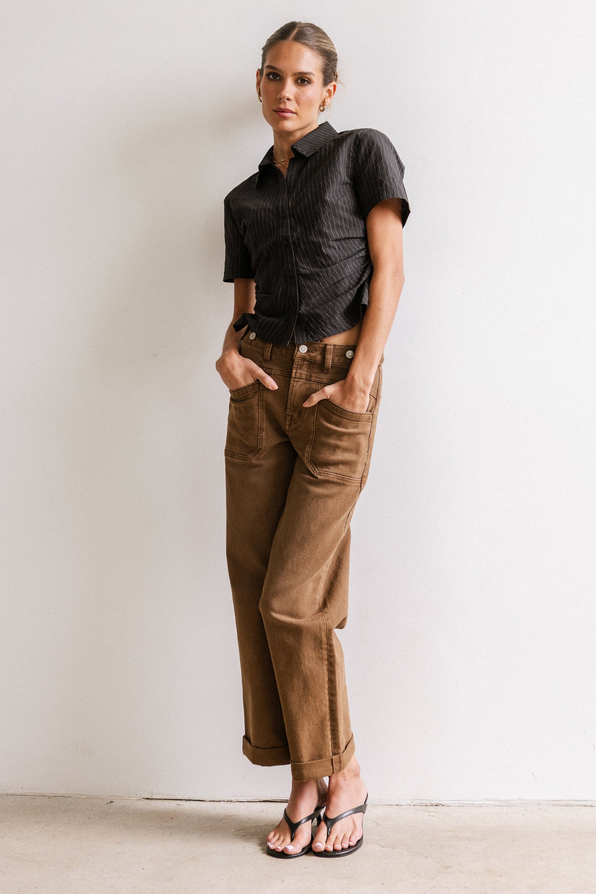 Brandy Ruched Button Up in Black - FINAL SALE