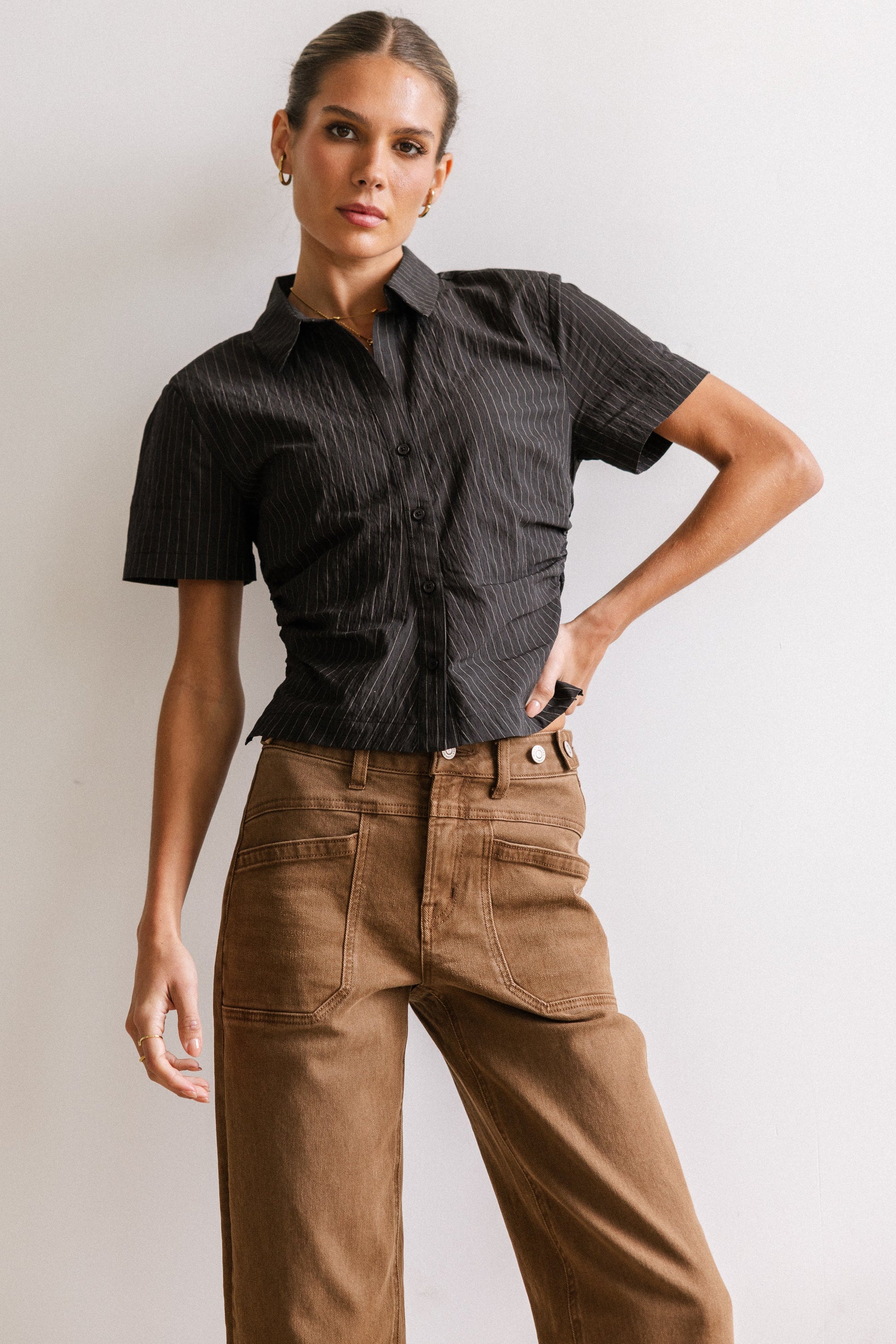 Brandy Ruched Button Up in Black - FINAL SALE
