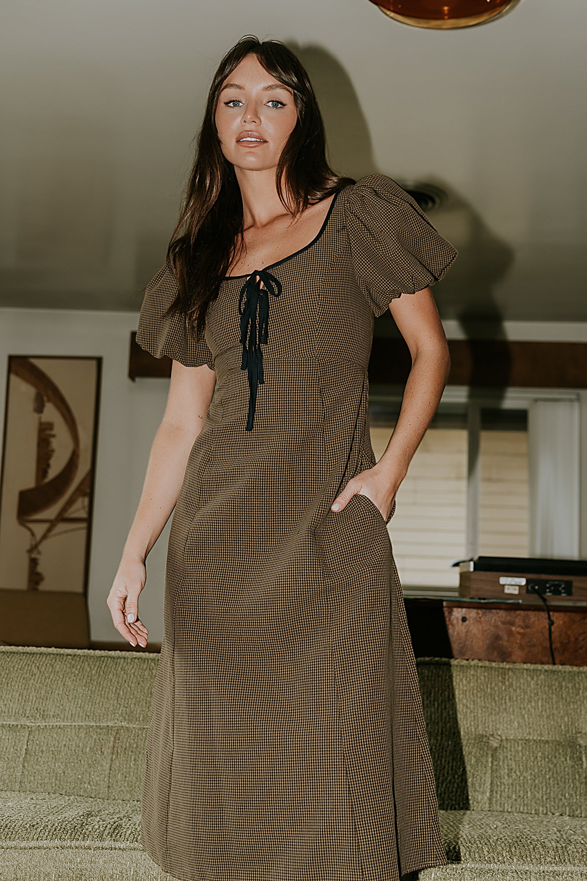 Elle Gingham Midi Dress in Brown - FINAL SALE