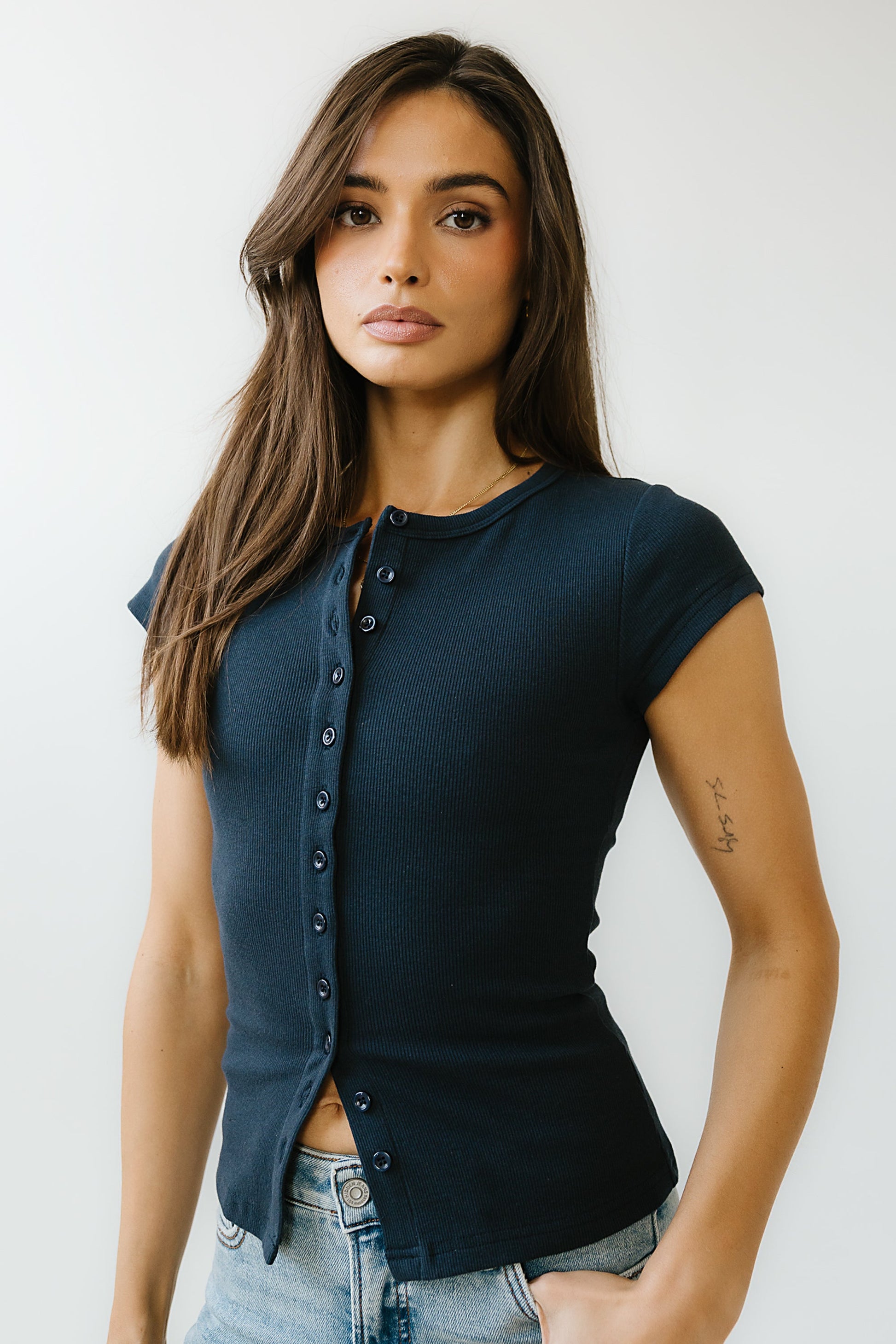 Vestia Button Up Tee in Navy