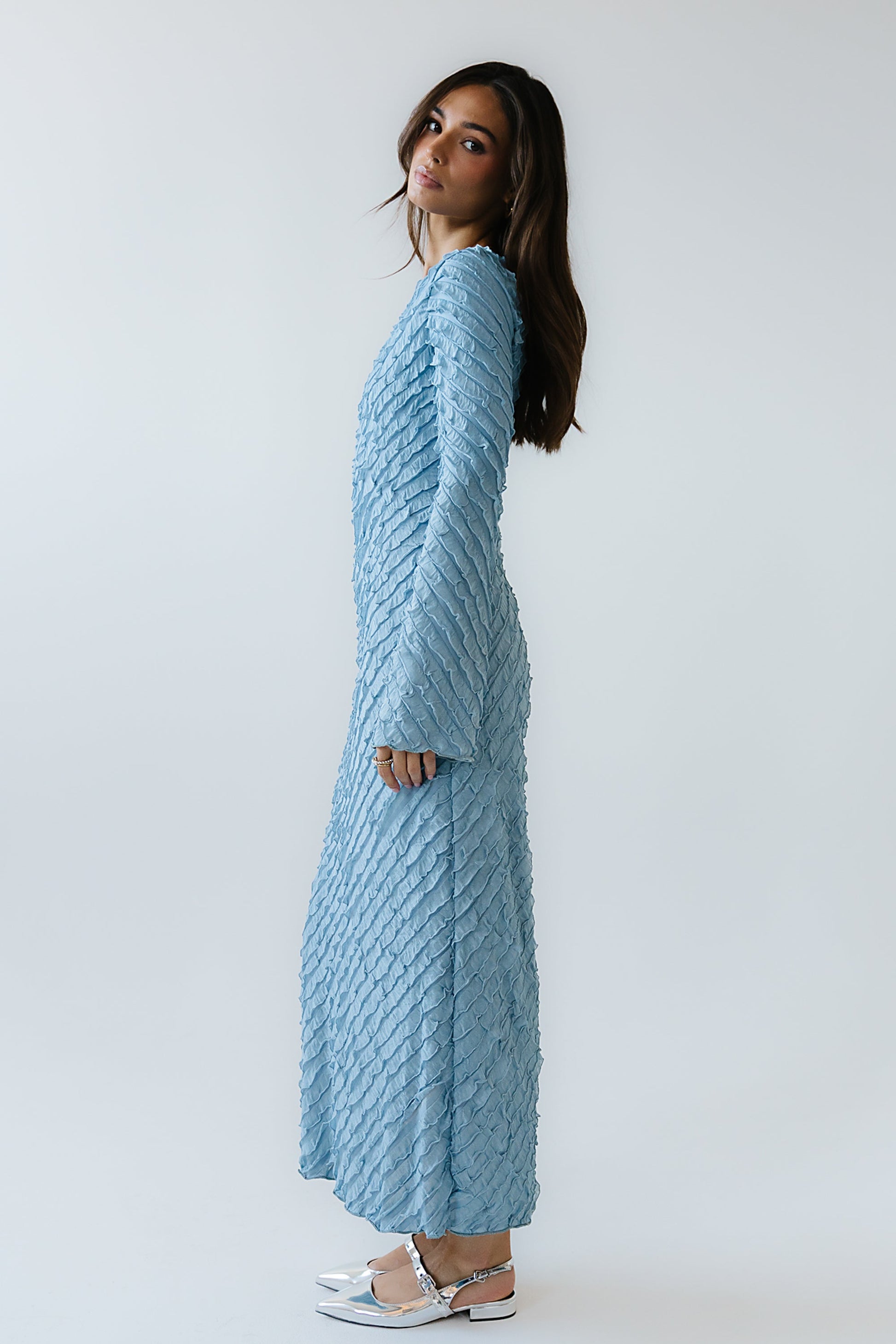 Bell Ruffle Maxi Dress in Blue