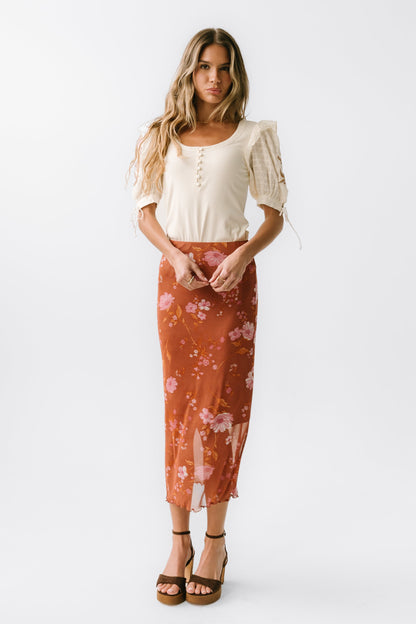 Carly Mesh Midi Skirt in Rust