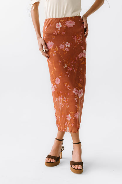 Carly Mesh Midi Skirt in Rust
