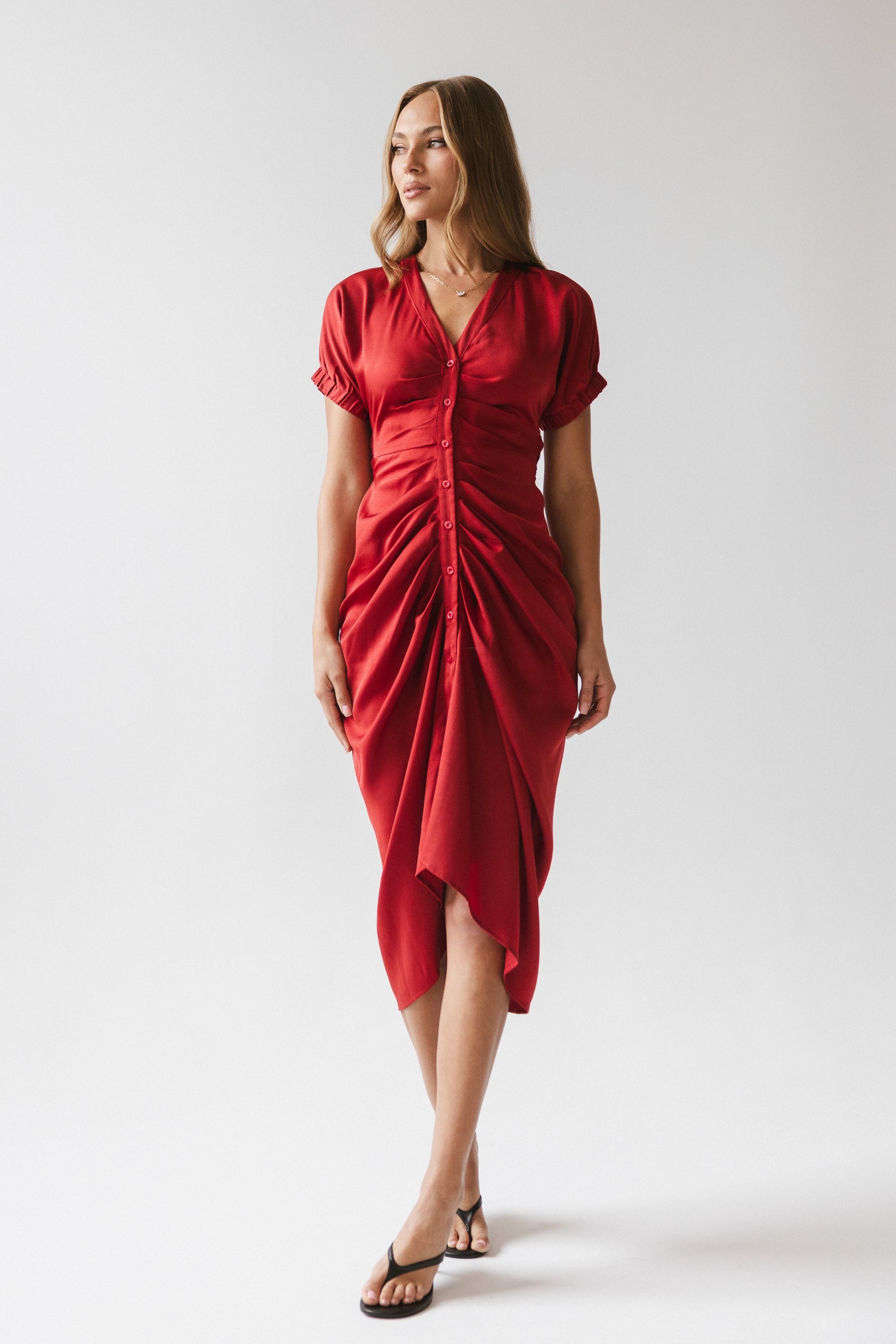 Opie Satin Midi Dress in Red-Orange