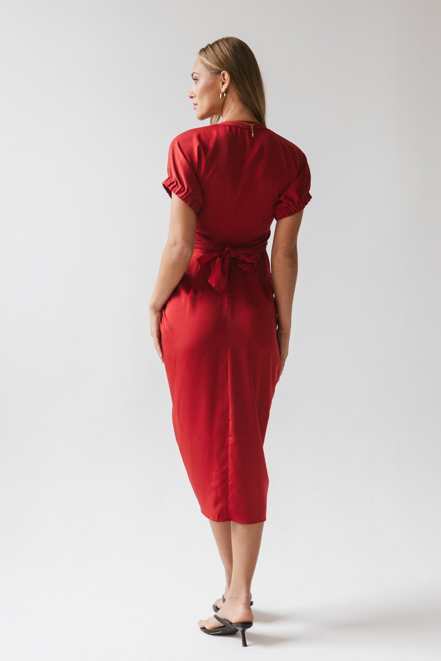 Opie Satin Midi Dress in Red-Orange