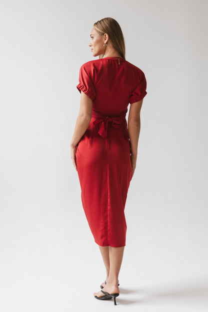 Opie Satin Midi Dress in Red-Orange