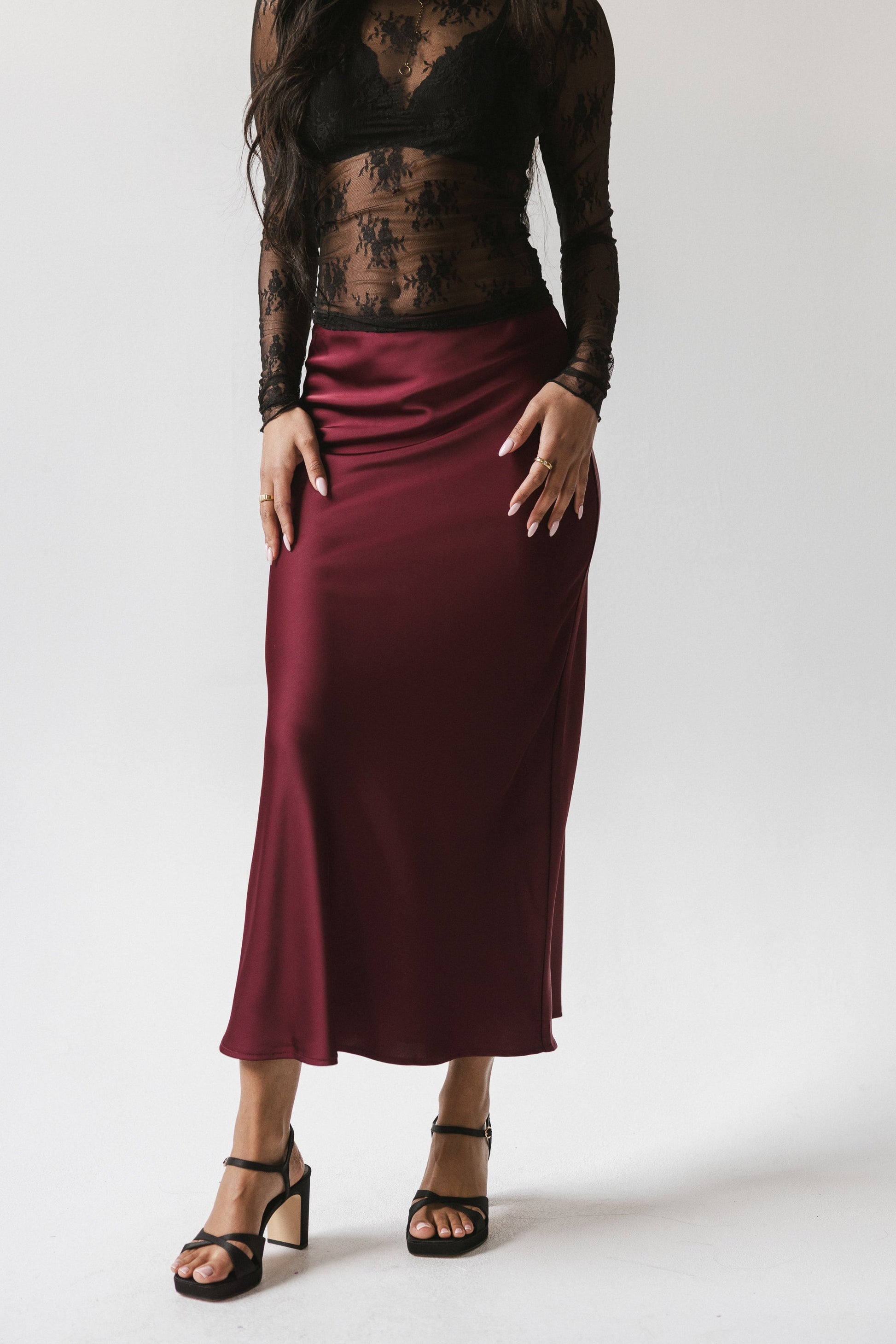 Tory Satin Maxi Skirt in Burgundy