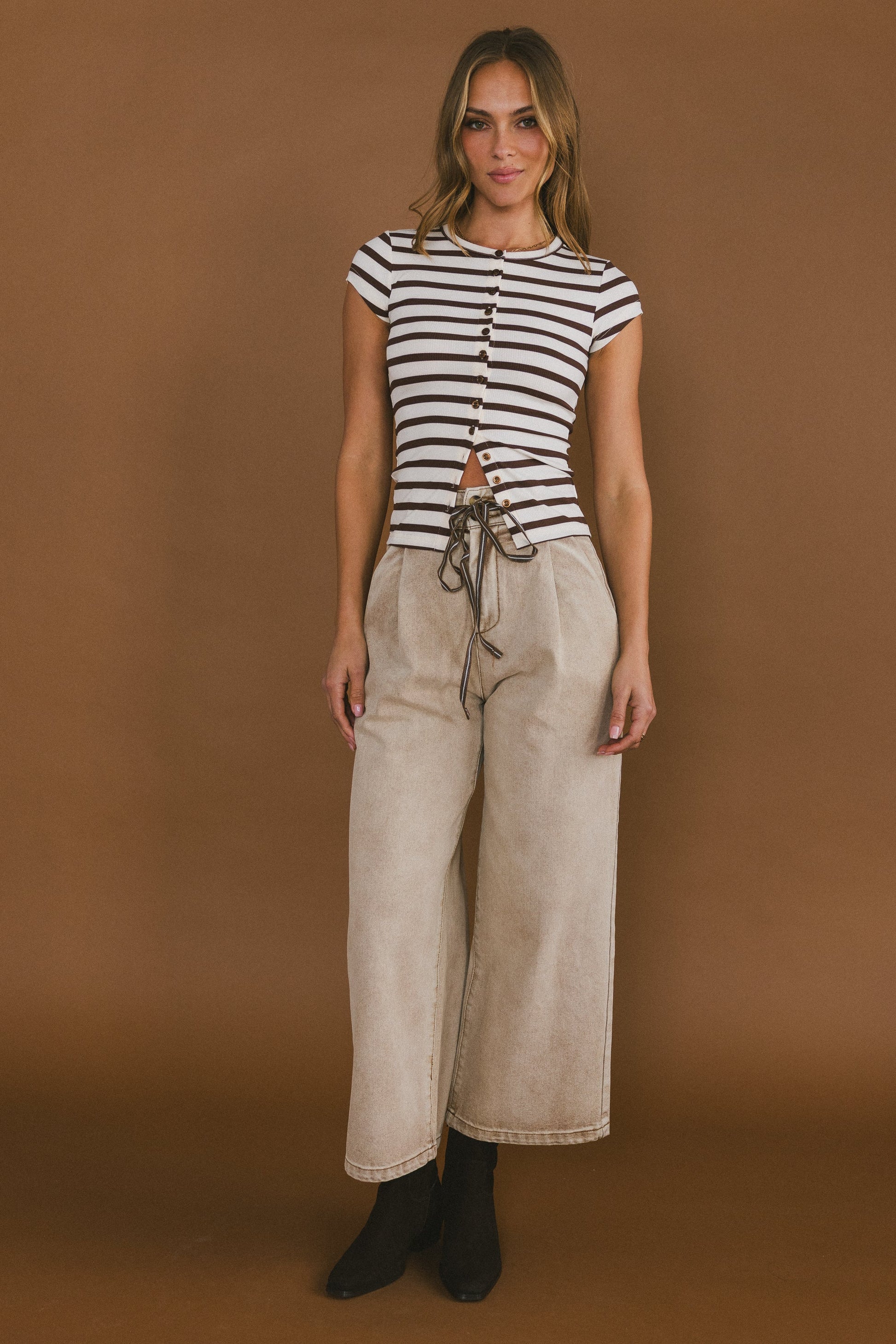Vestia Striped Button Up Tee in Brown