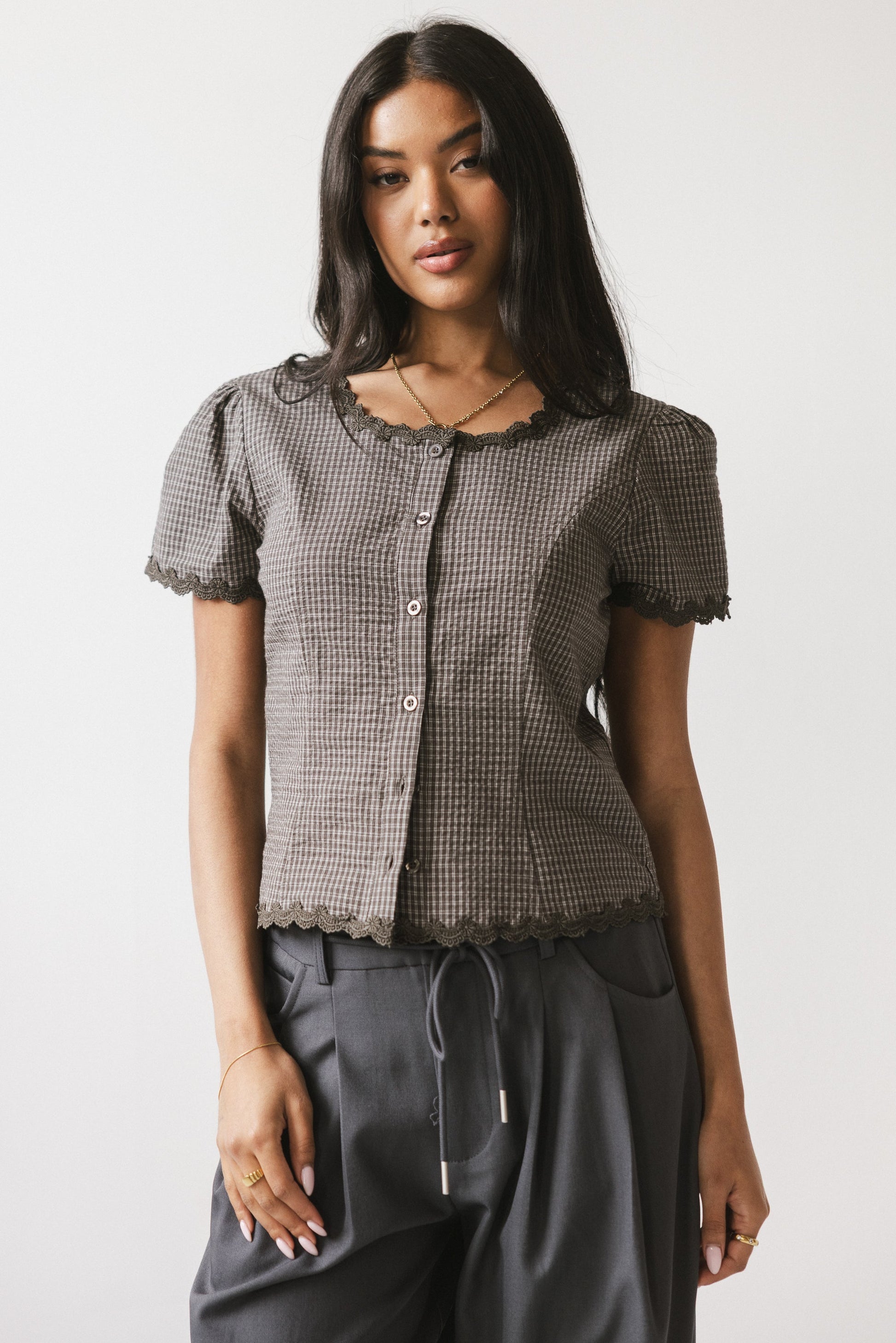 Serra Lace Trim Blouse in Charcoal - FINAL SALE