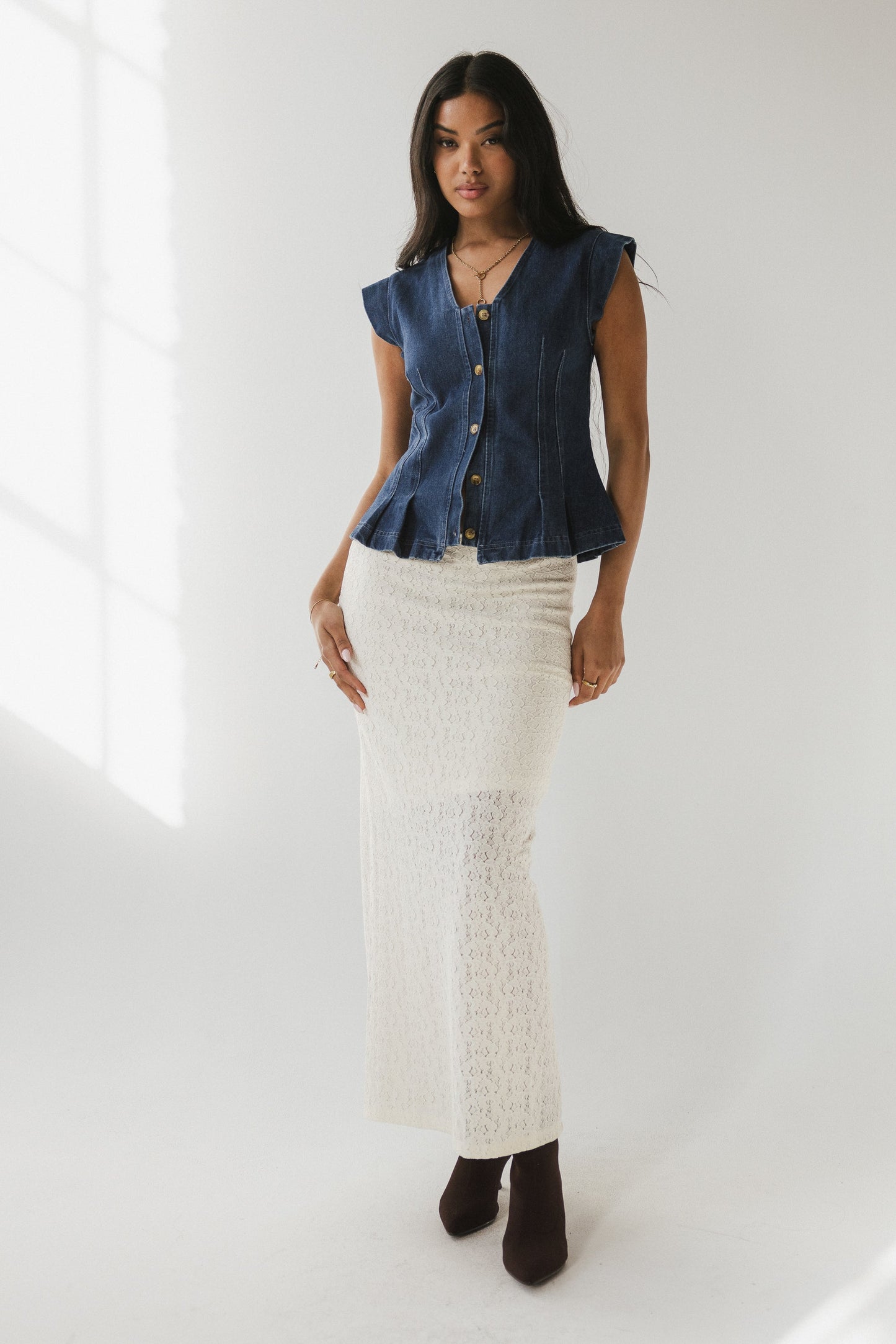 Cassie Pleated Blouse in Medium Wash