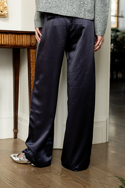 Gemma Satin Wide Leg Pants in Navy