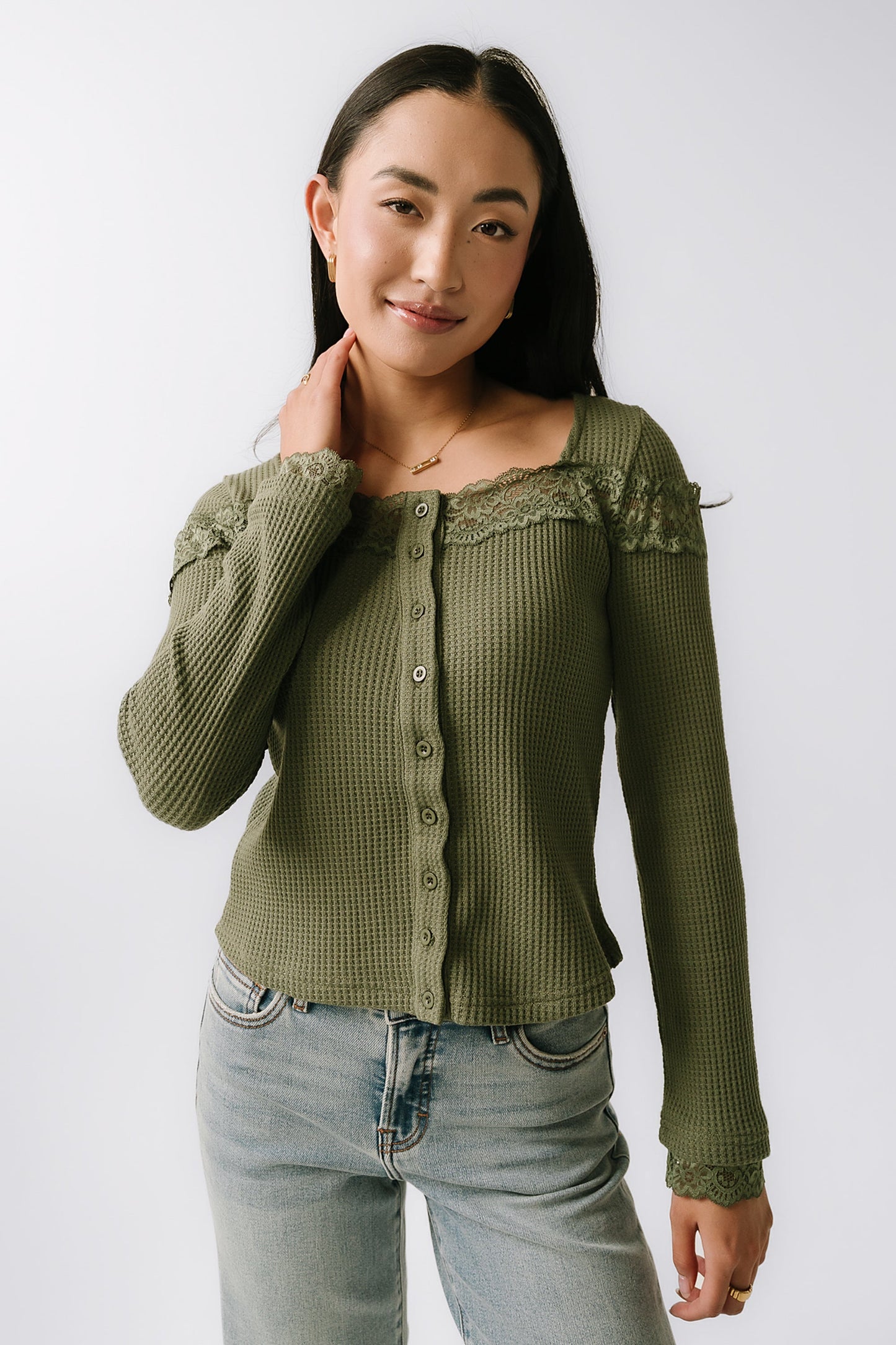 Kandice Waffle Knit Top in Olive